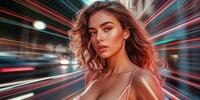 Девушка с длинными волосами замерла на фоне размытых огней движения города.