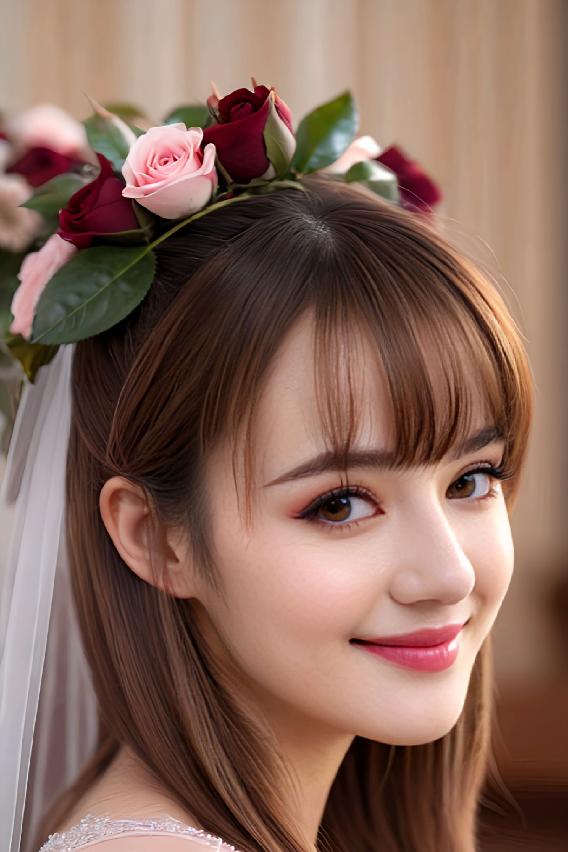 The bride is wearing a white veil and flowers on her head.