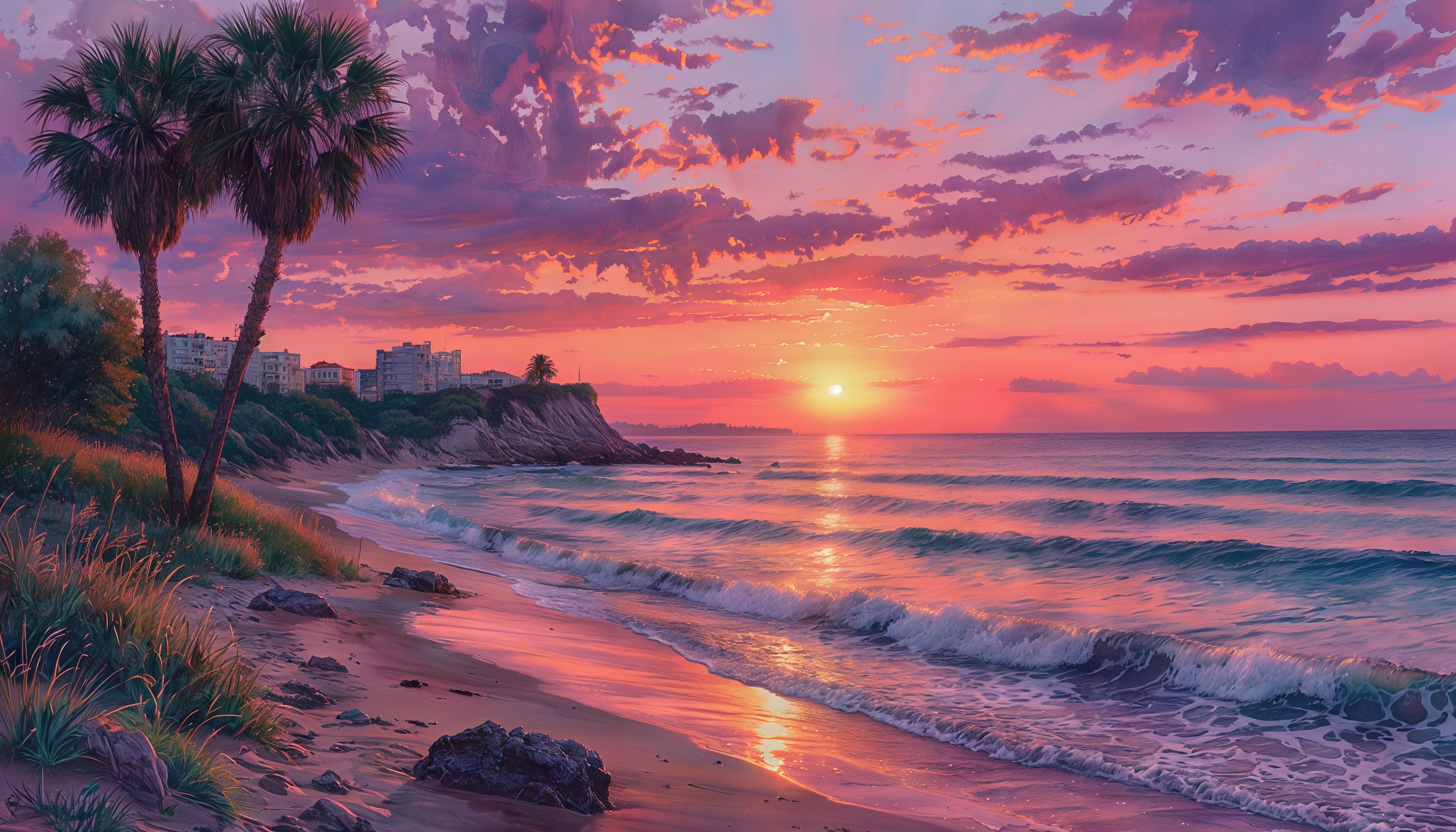 Бесплатное фото Закат на морском побережье с пальмами, волнами и силуэтами зданий на фоне.