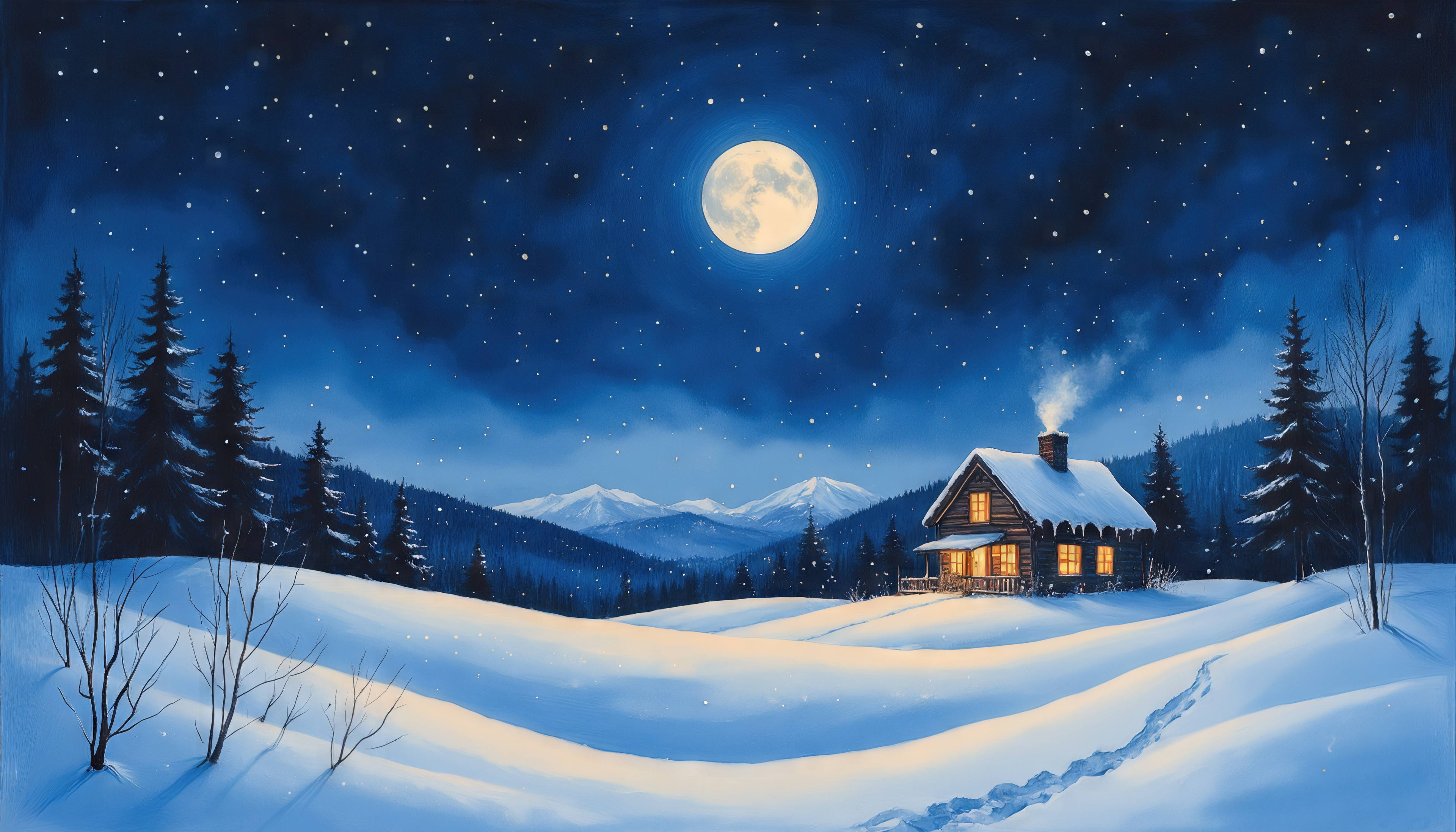 Полная луна освещает заснеженный домик и лесную чащу.