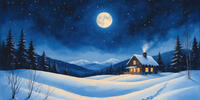 Полная луна освещает заснеженный домик и лесную чащу.