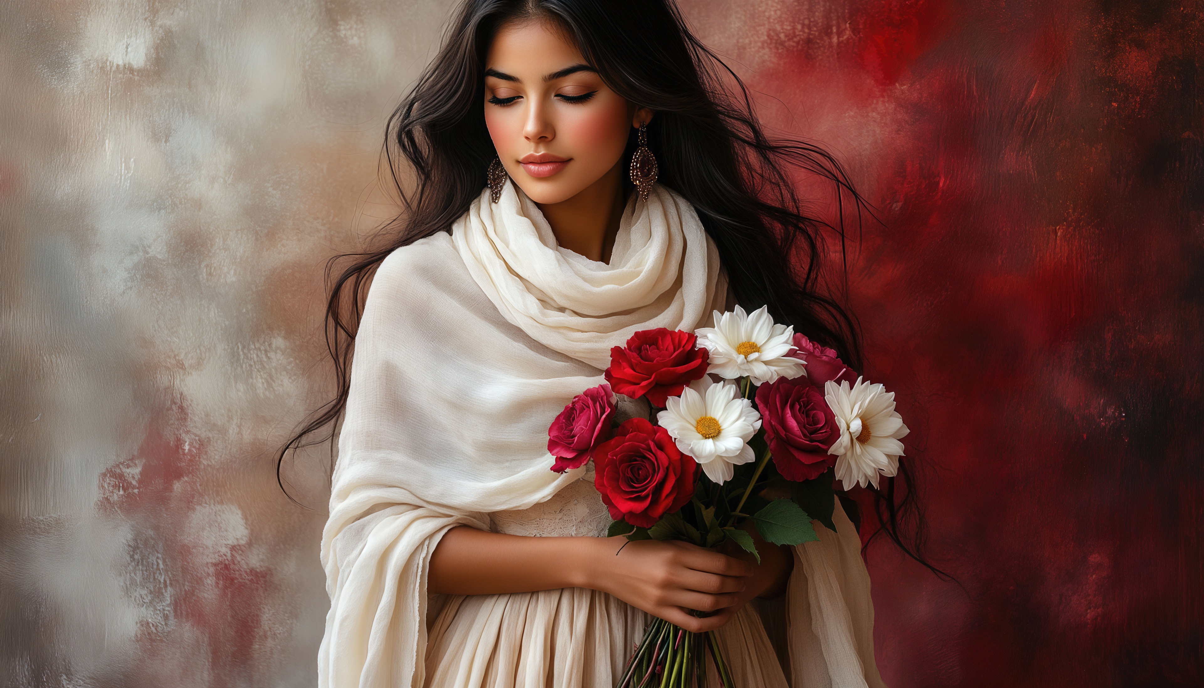 Бесплатное фото Девушка в шали, погружённая в свои мысли, держит яркий букет.