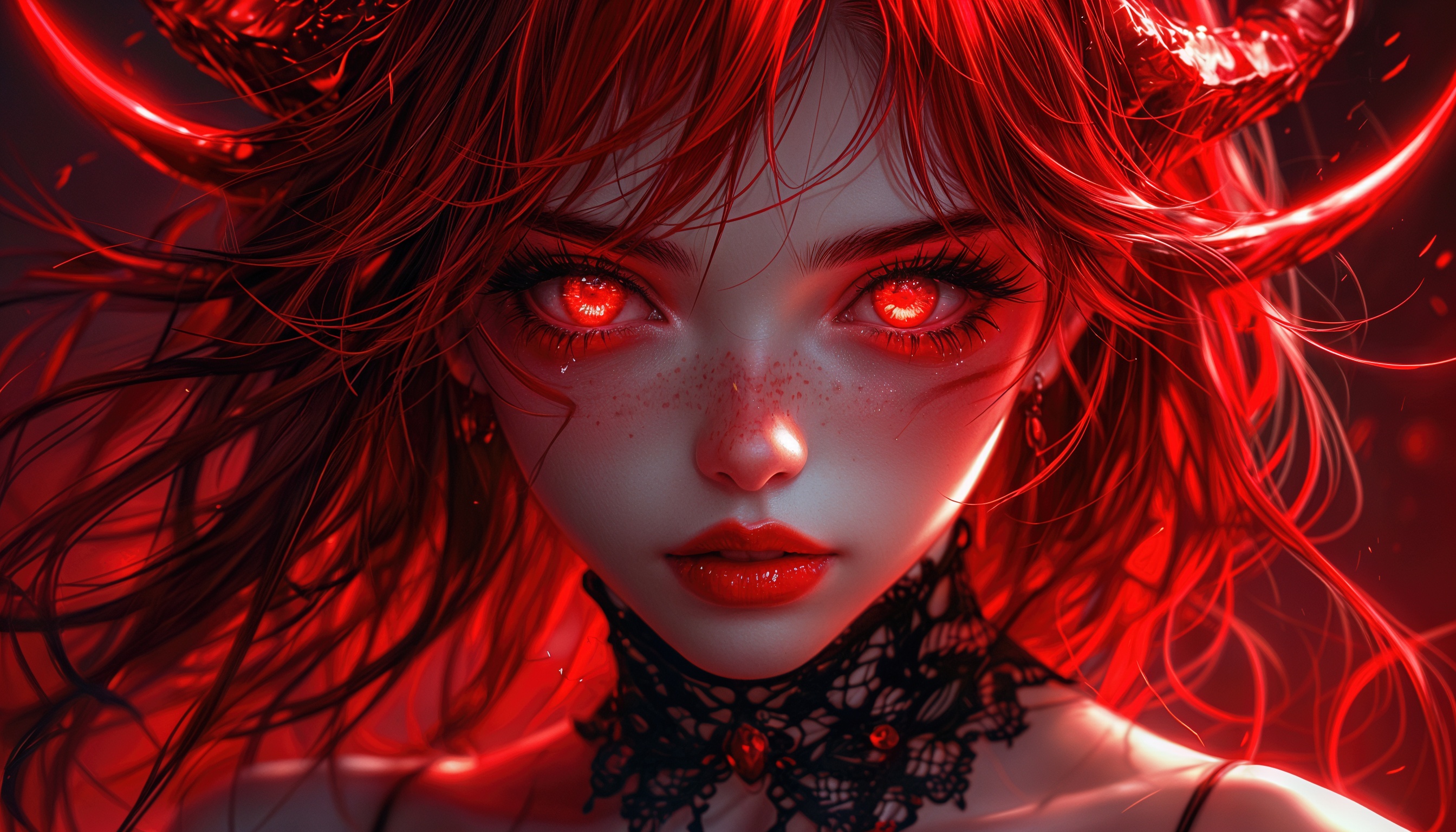 Демоническая девушка с красными волосами и глазами, покрытая каплями крови, в черном кружеве.