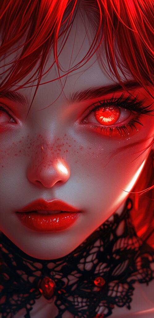 Бесплатное фото Демоническая девушка с красными волосами и глазами, покрытая каплями крови, в черном кружеве.