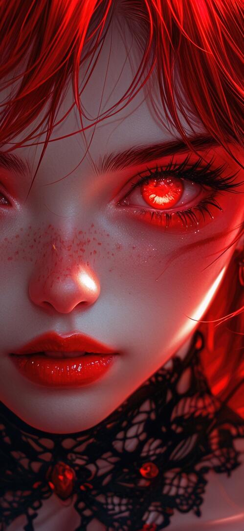 Бесплатное фото Демоническая девушка с красными волосами и глазами, покрытая каплями крови, в черном кружеве.