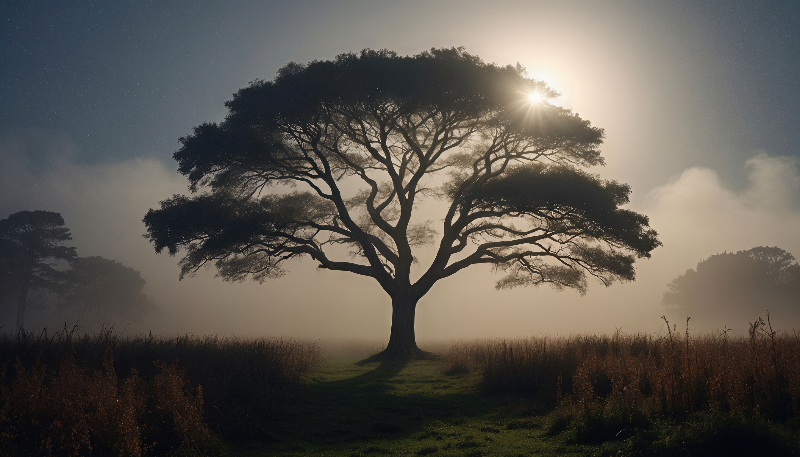 Бесплатное фото Одинокое дерево в тумане встречает рассвет.