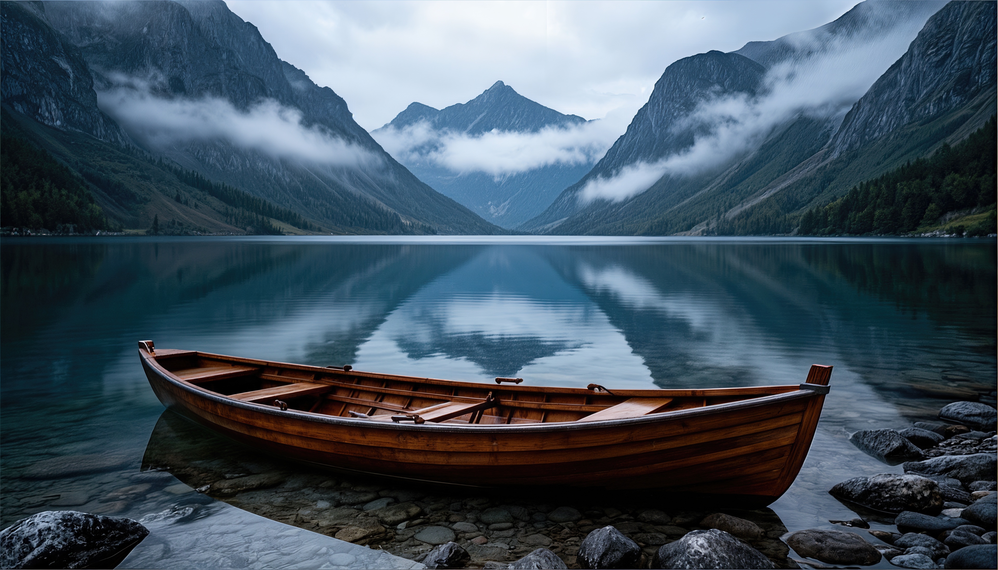 Wallpapers lake boat mountains on the desktop