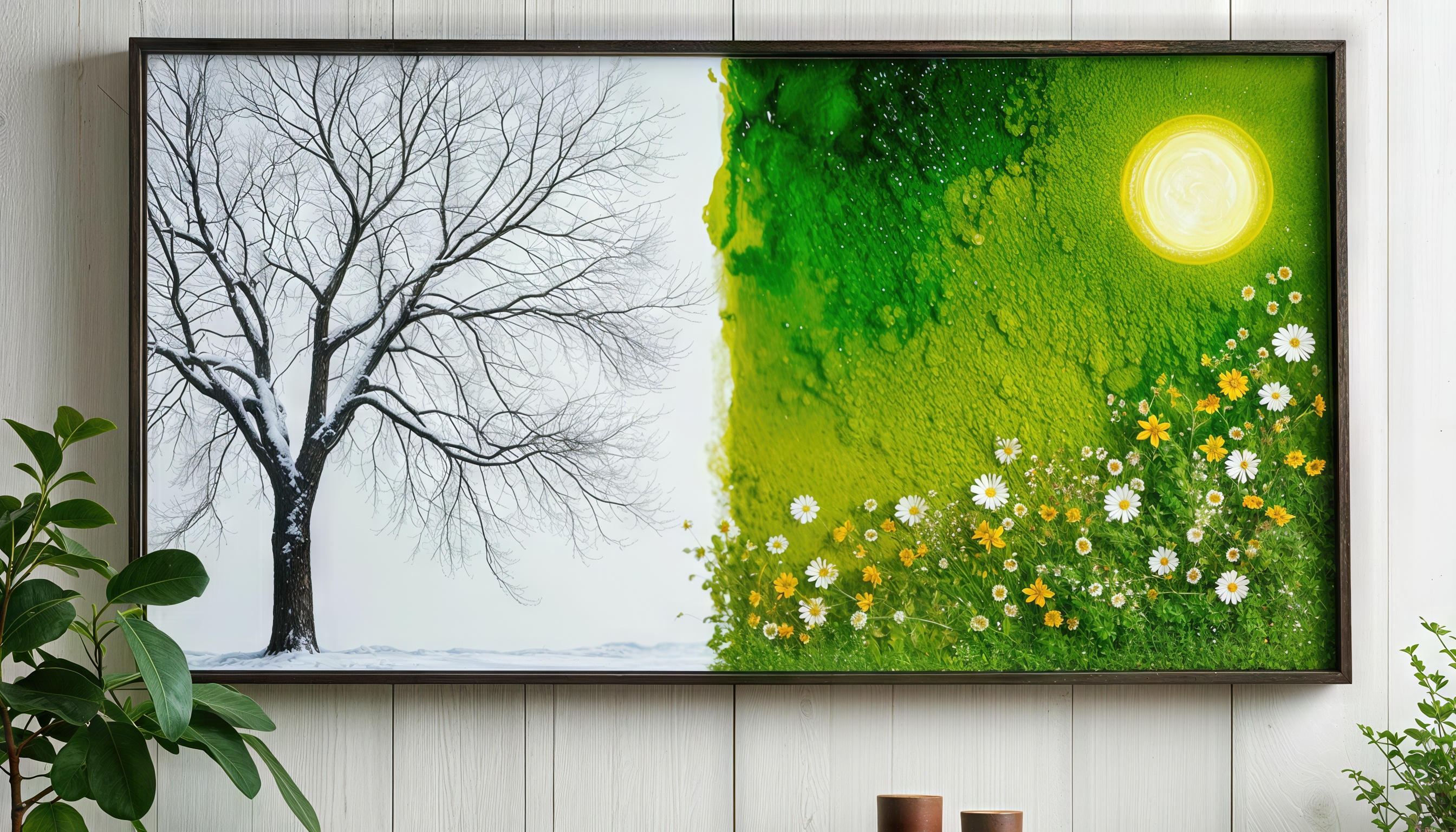 Бесплатное фото Картина в комнате с изображением зимнего дерева и весеннего цветочного луга.
