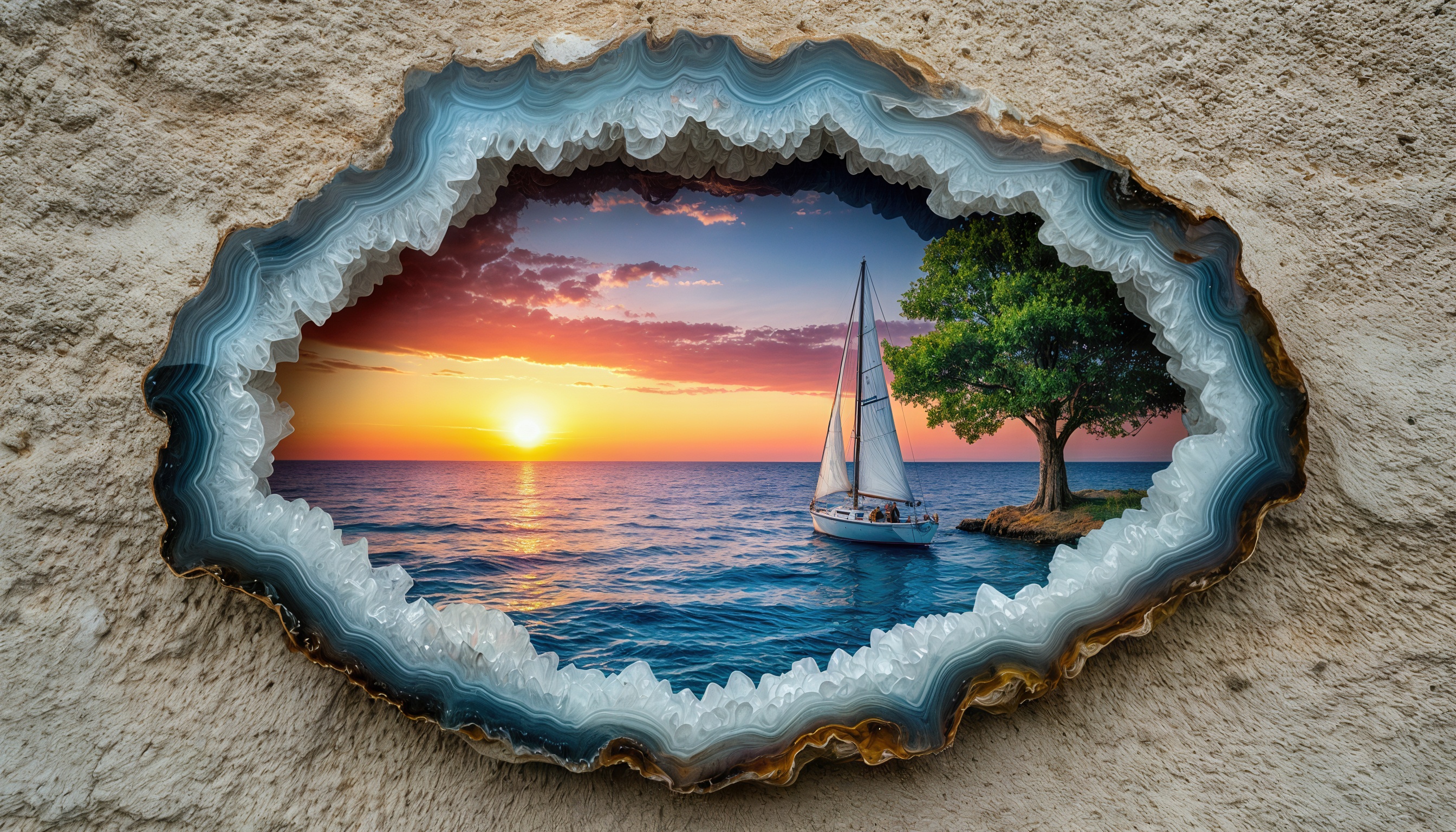 Картина в необычной рамке, в которой виден морской пейзаж с закатом, парусником и деревом на островке.