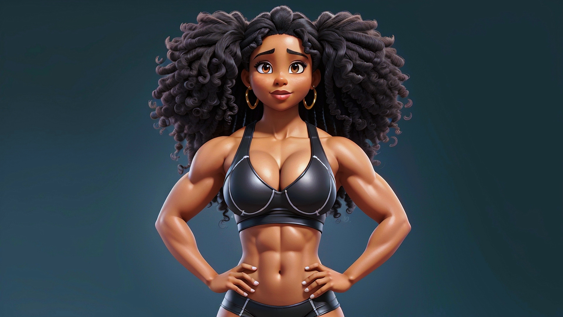Free photo Black girl bodybuilder with bouffant hairstyle on green background