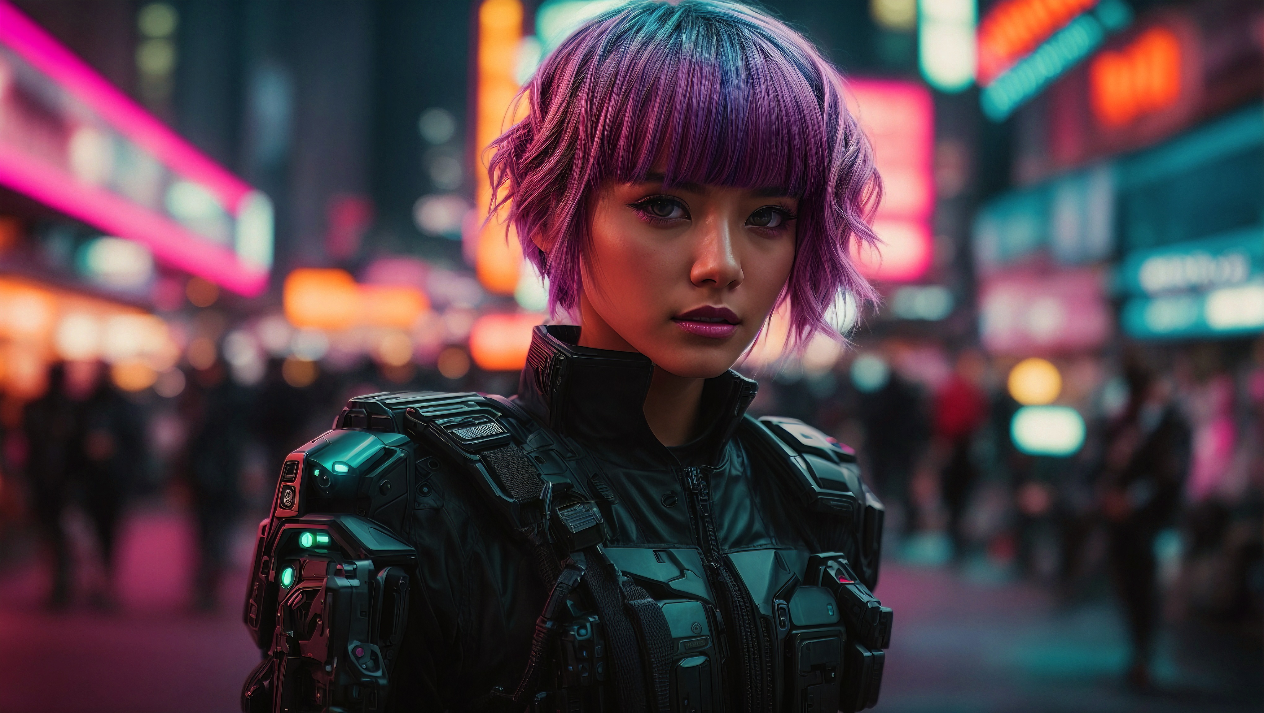 Woman in futuristic cyber suit looking directly into camera
