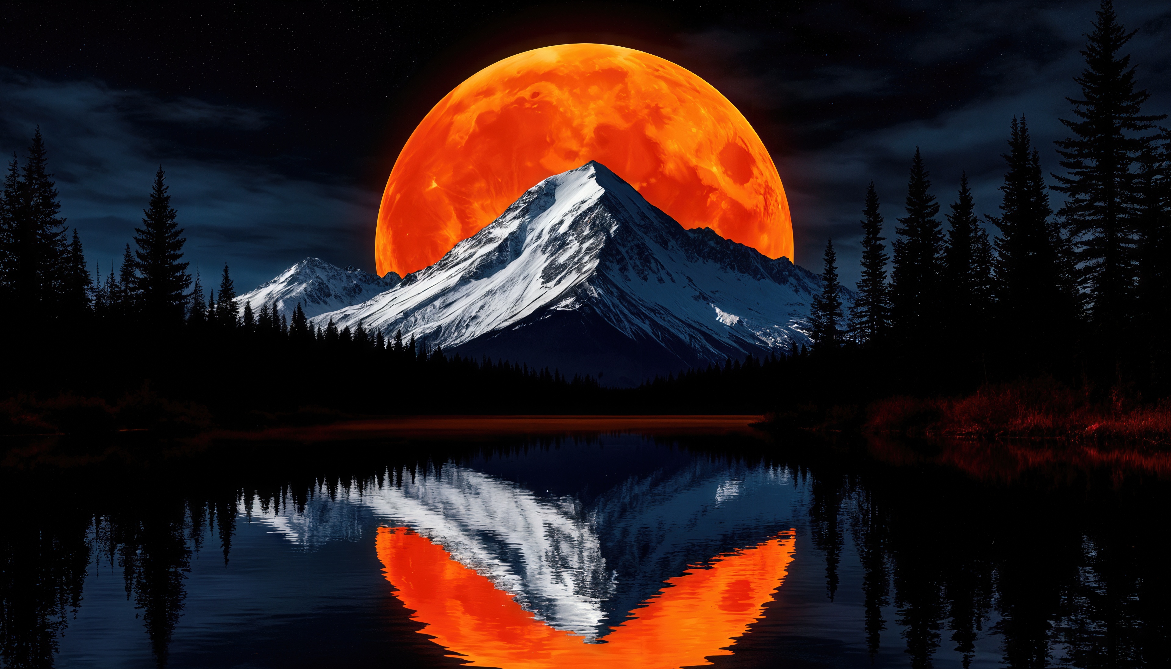 Dramatic night landscape in dark colors with a contrasting combination of white snow, rocks and a flaming orange moon.
