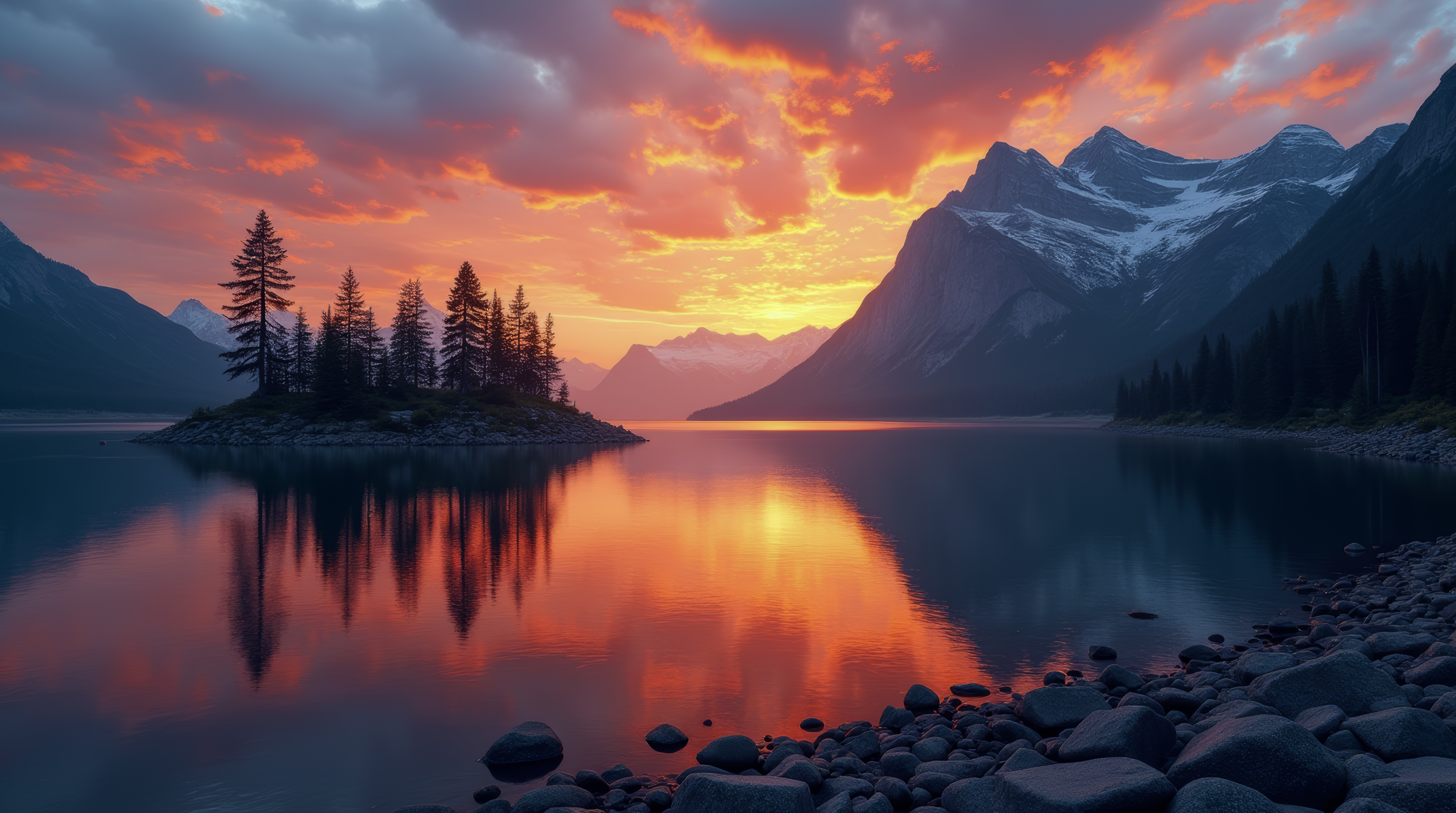 Бесплатное фото Озеро, окруженное горами, с восходом солнца