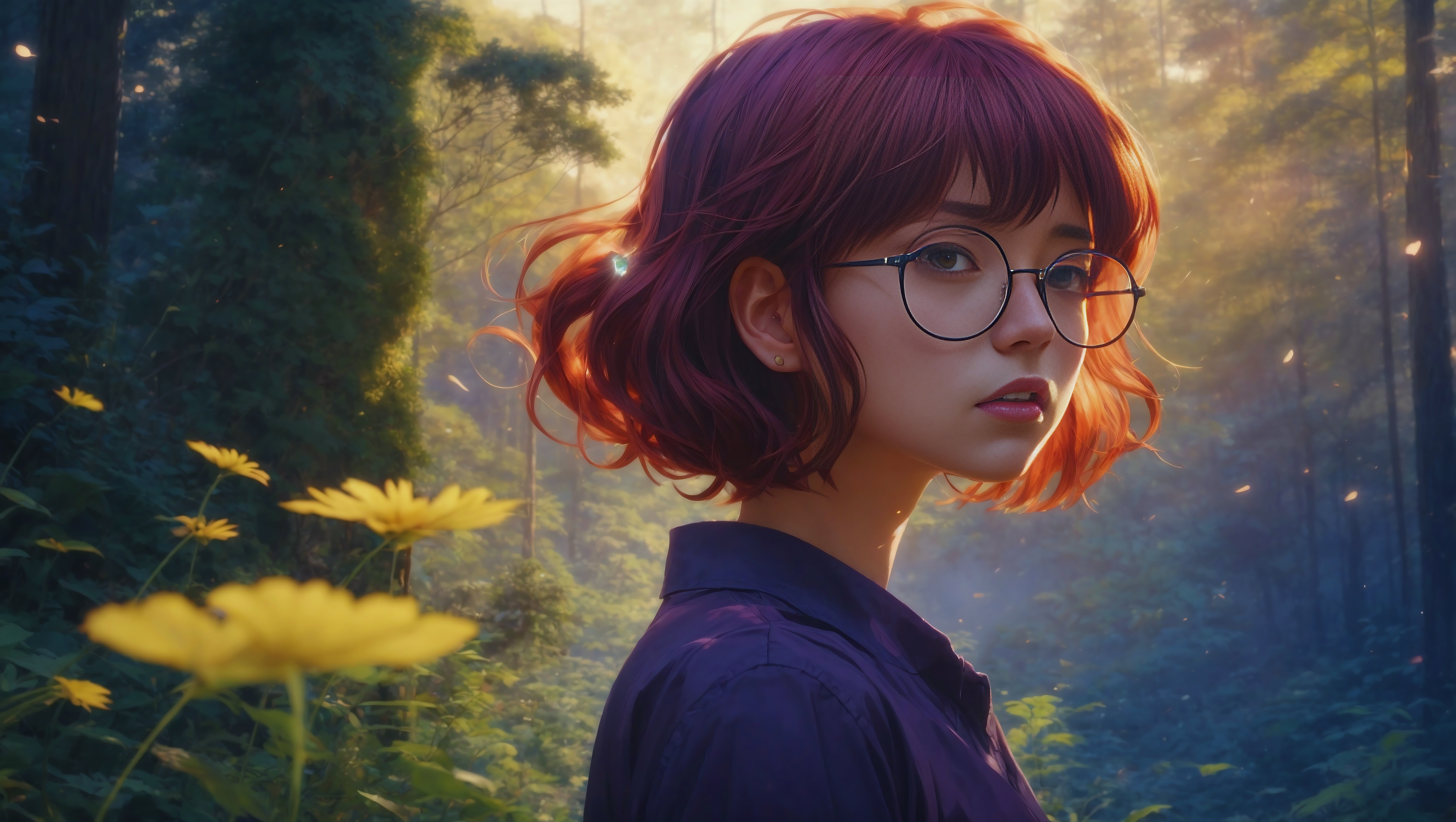 A woman with red hair and glasses looks into the distance in front of yellow flowers