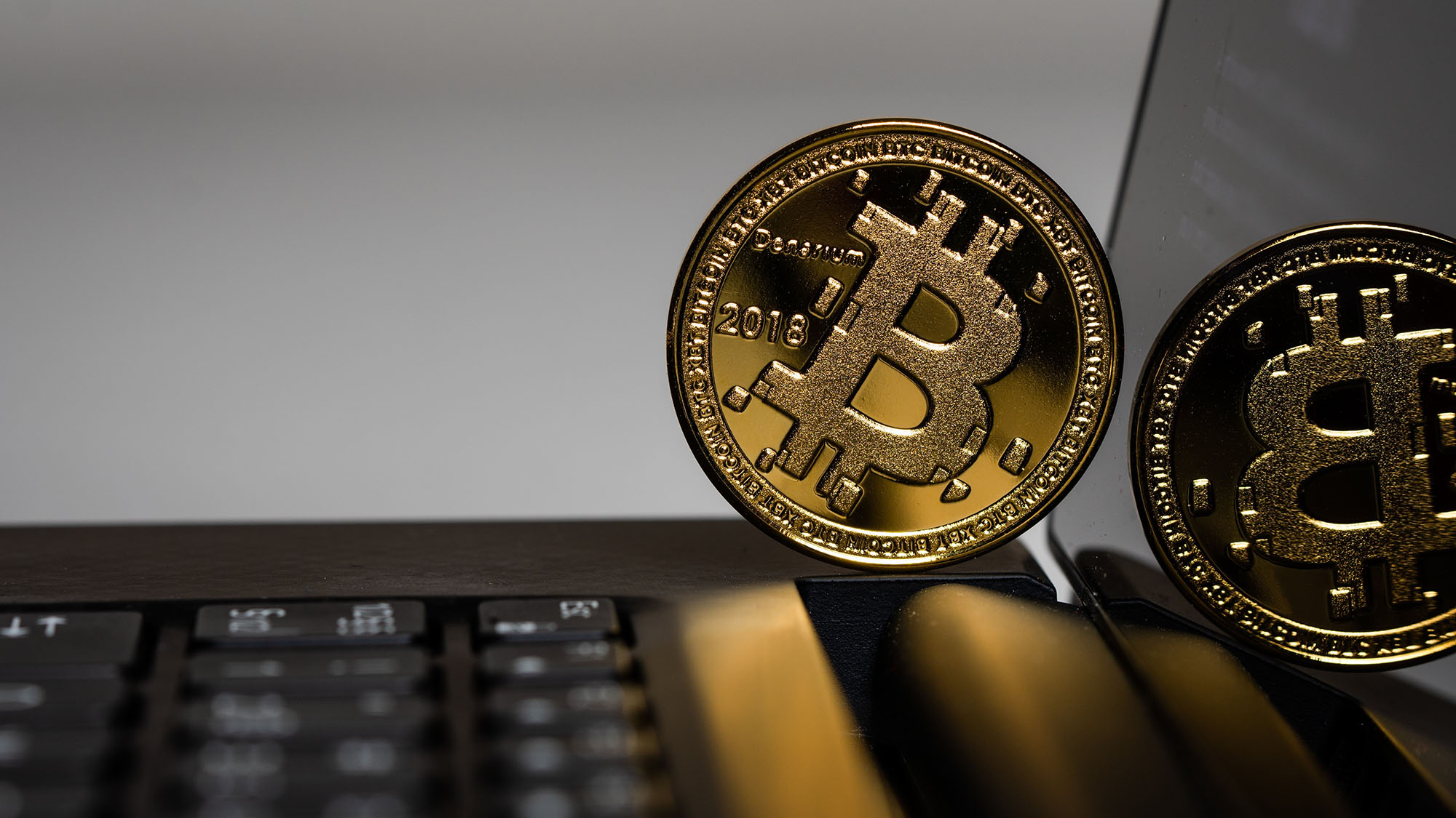 Wallpapers Bitcoin laptop coin on the desktop