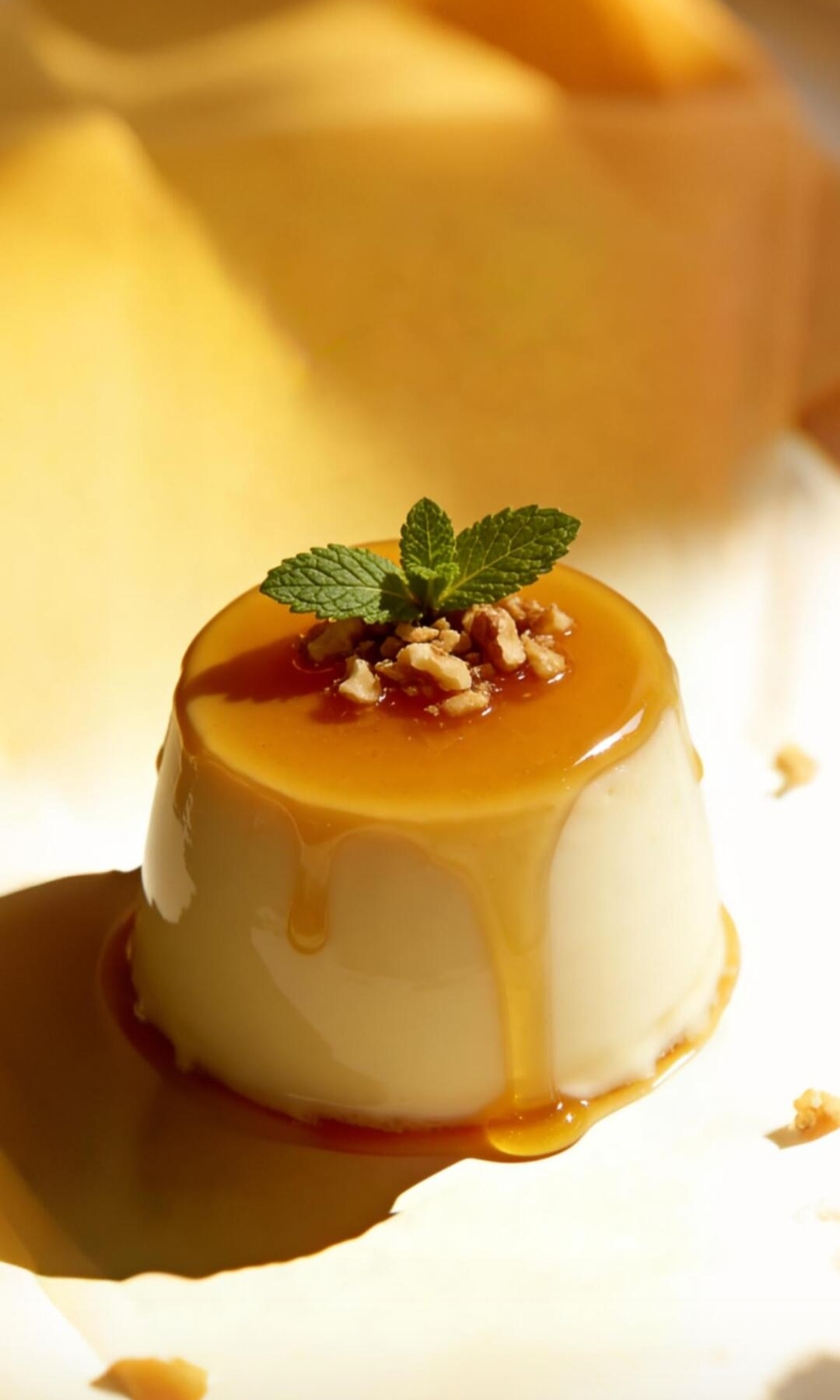 Free photo A delicate caramel cream dessert bathed in warm sunlight