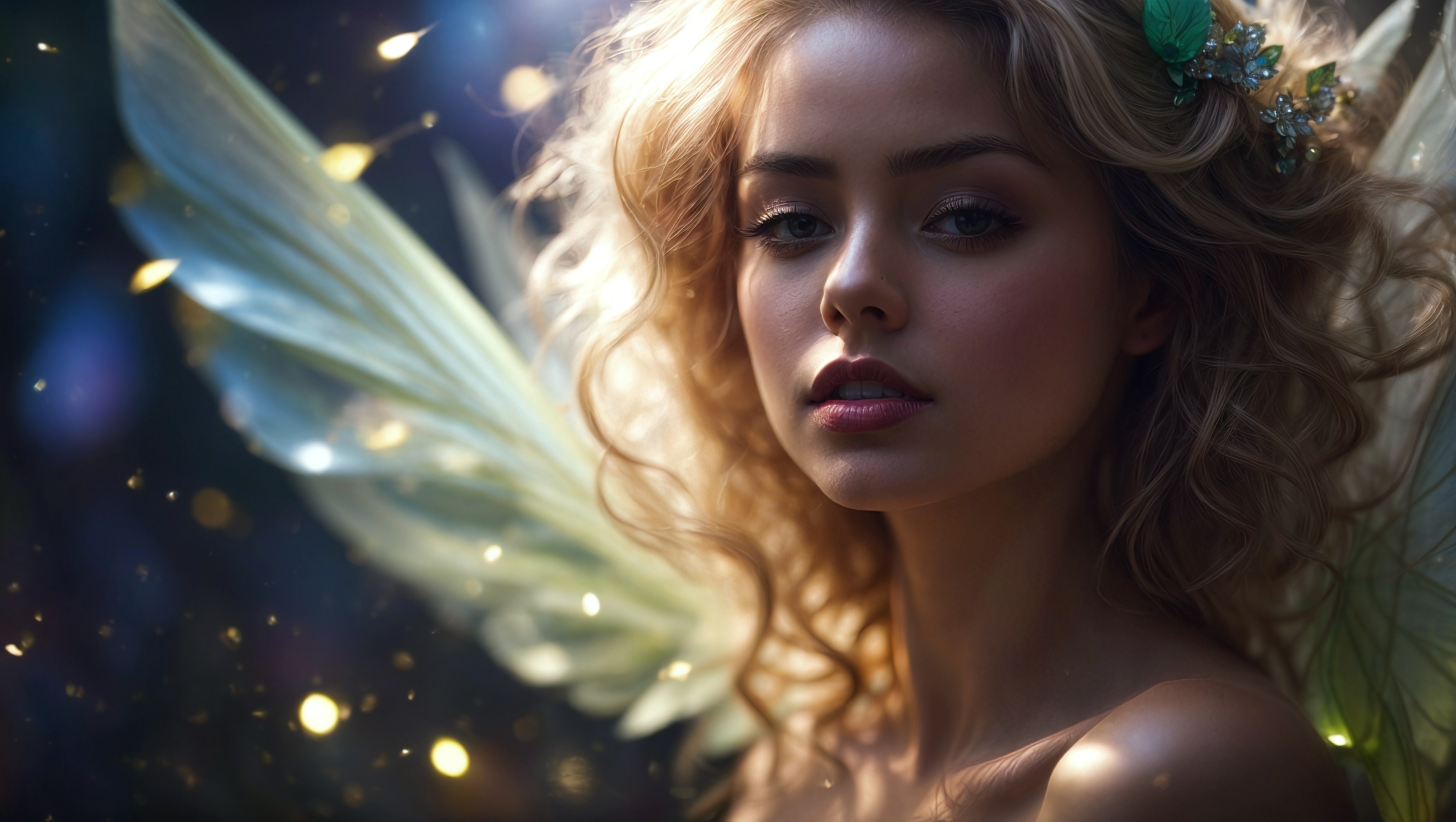 Free photo An attractive blonde fairy girl with wings on her back