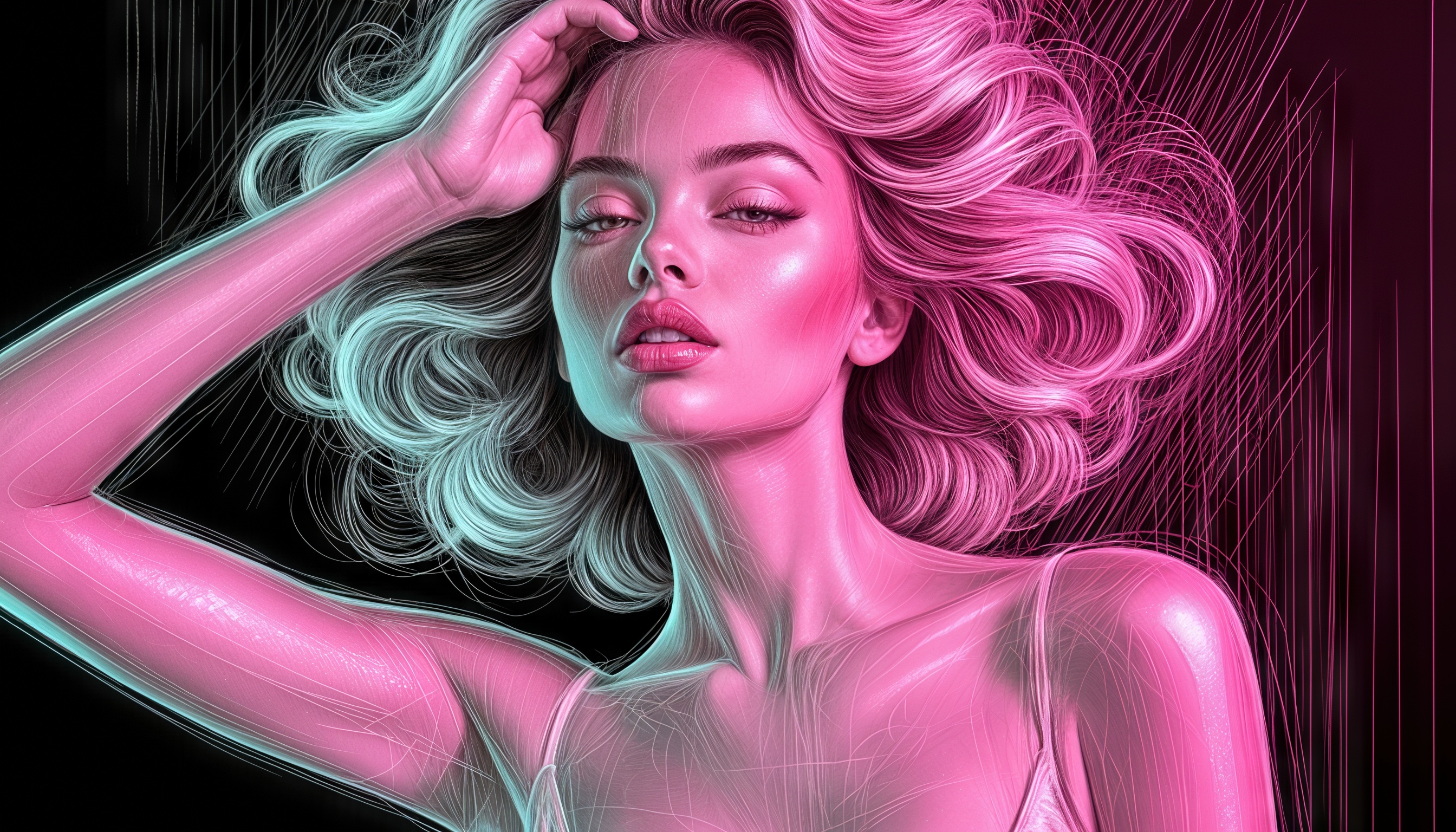 Бесплатное фото Неоновая иллюстрация женщины с мечтательным выражением лица на тёмном фоне.