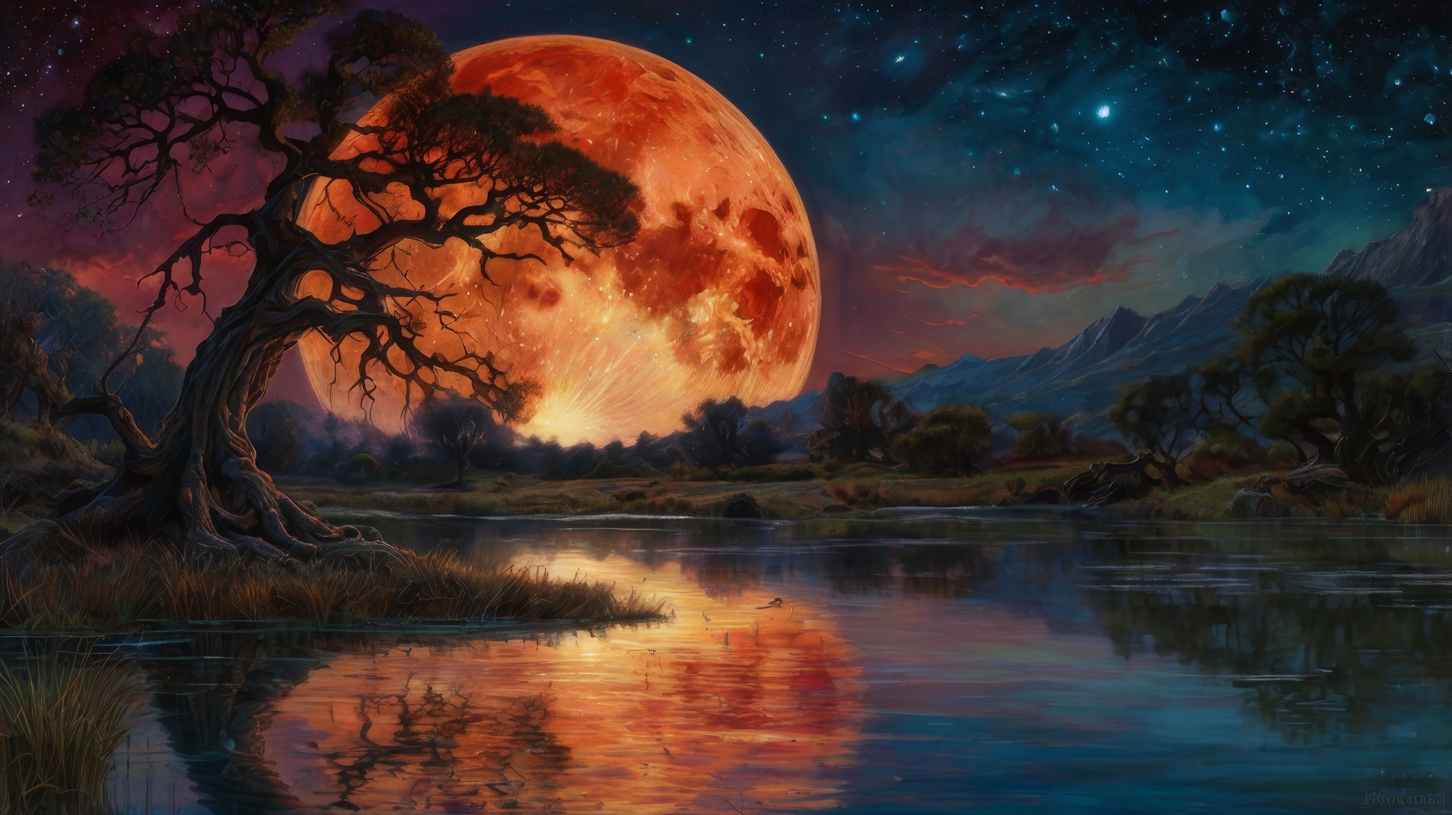 Картина, изображающая полную луну, сияющую над деревьями у воды