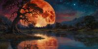 Картина, изображающая полную луну, сияющую над деревьями у воды