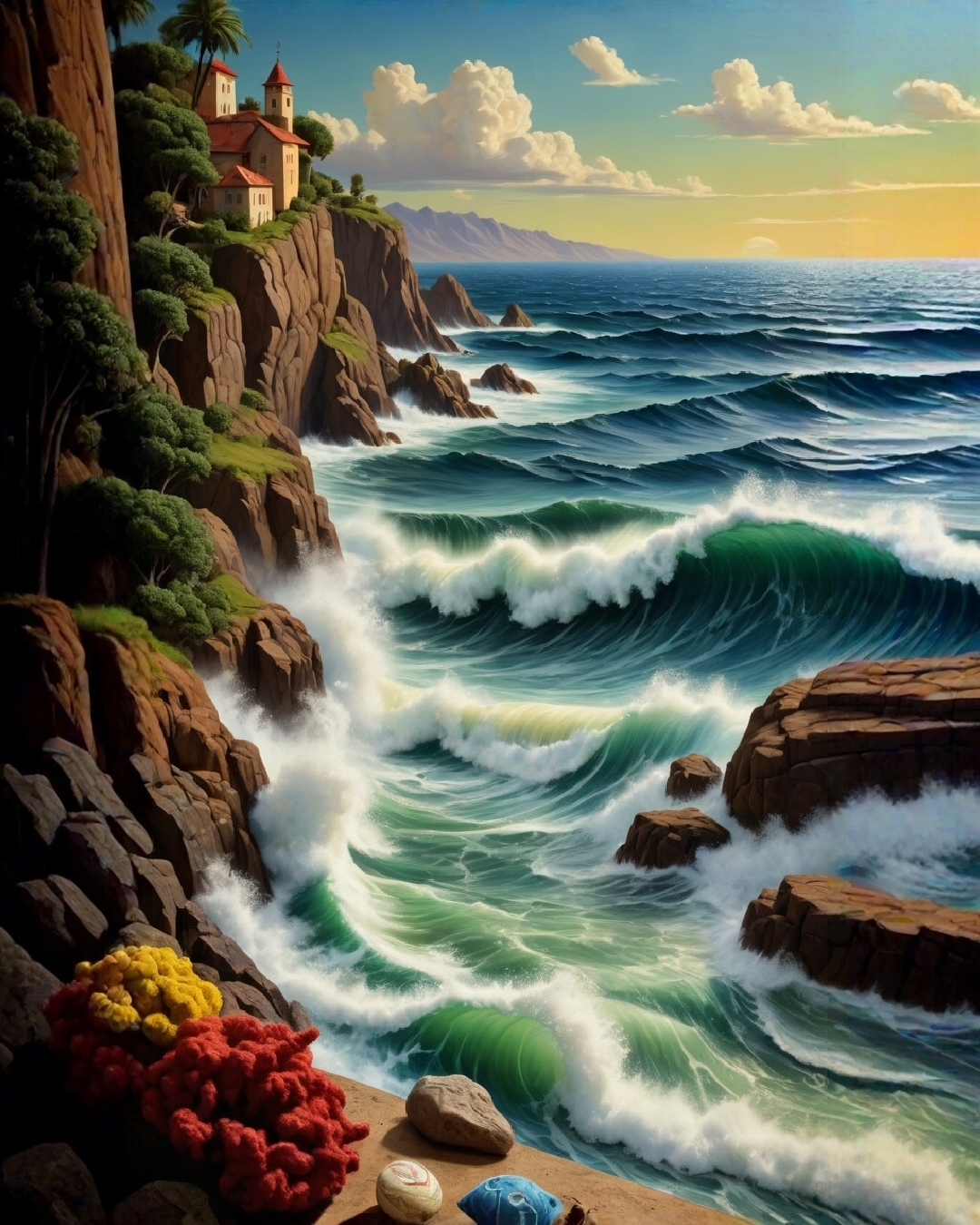 Бесплатное фото Скалистый берег и волны на закате