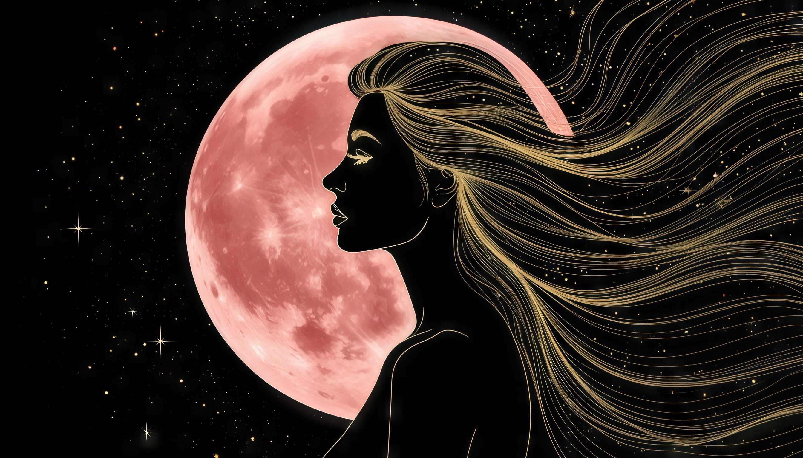 Бесплатное фото Силуэт девушки с длинными волосами, плавно переходящими в золотые линии, на фоне розовой луны и звездного неба.