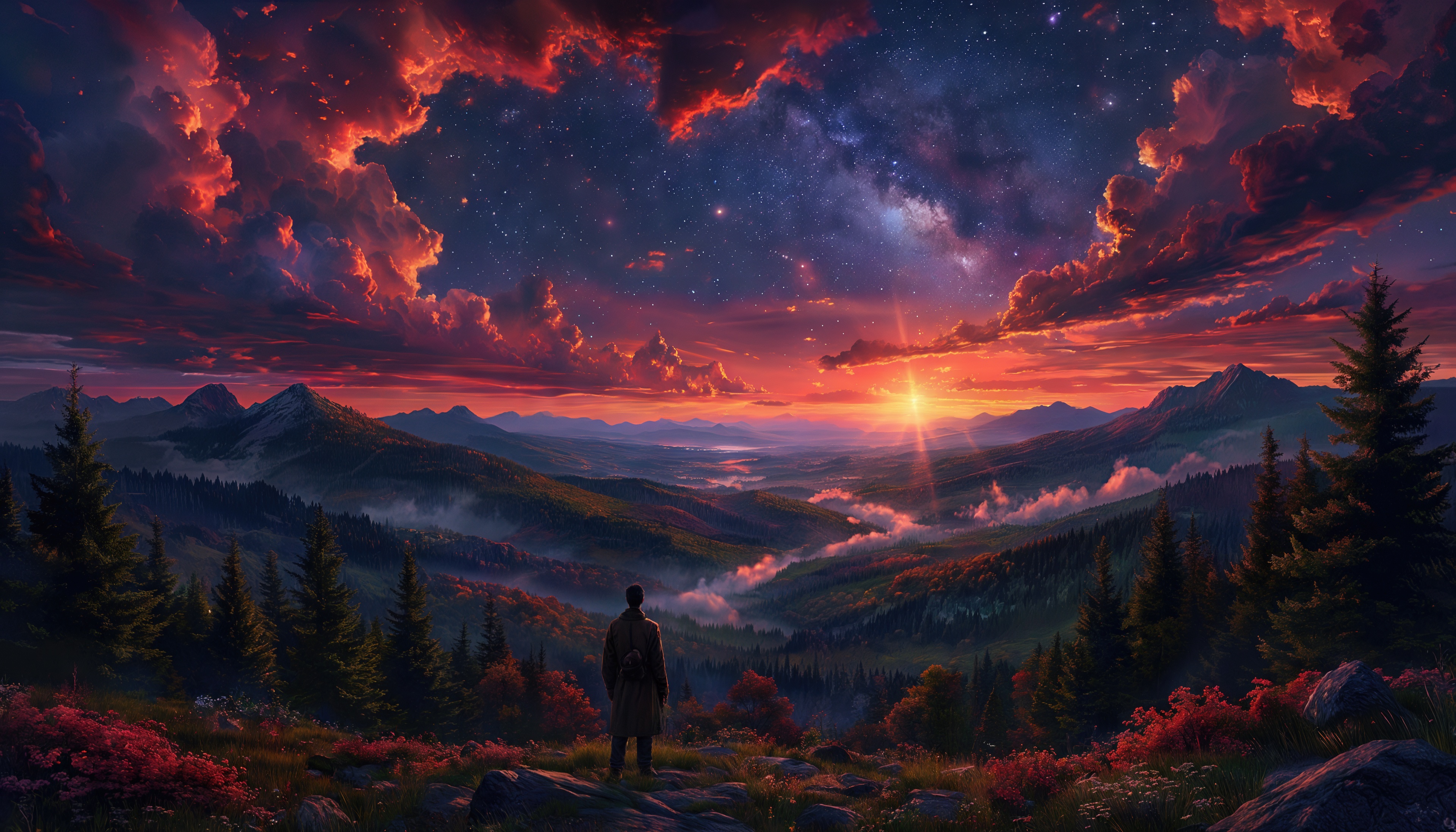 Бесплатное фото Одинокий путник созерцает закат над туманной долиной среди гор и звёзд.