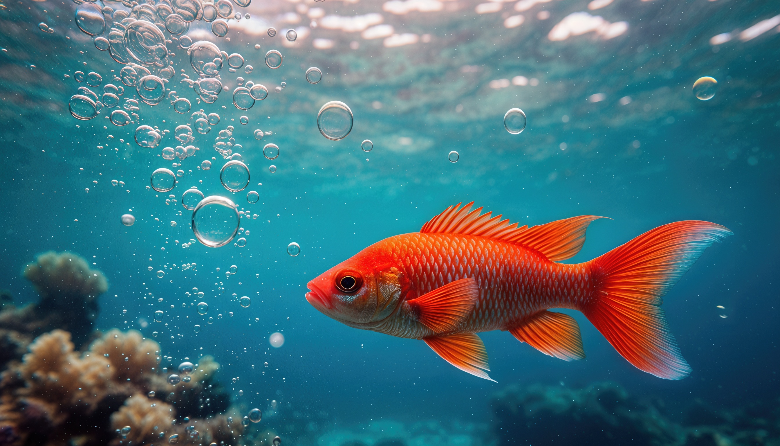 Бесплатное фото Рыба-комета красная, плавает среди воздушных пузырьков.