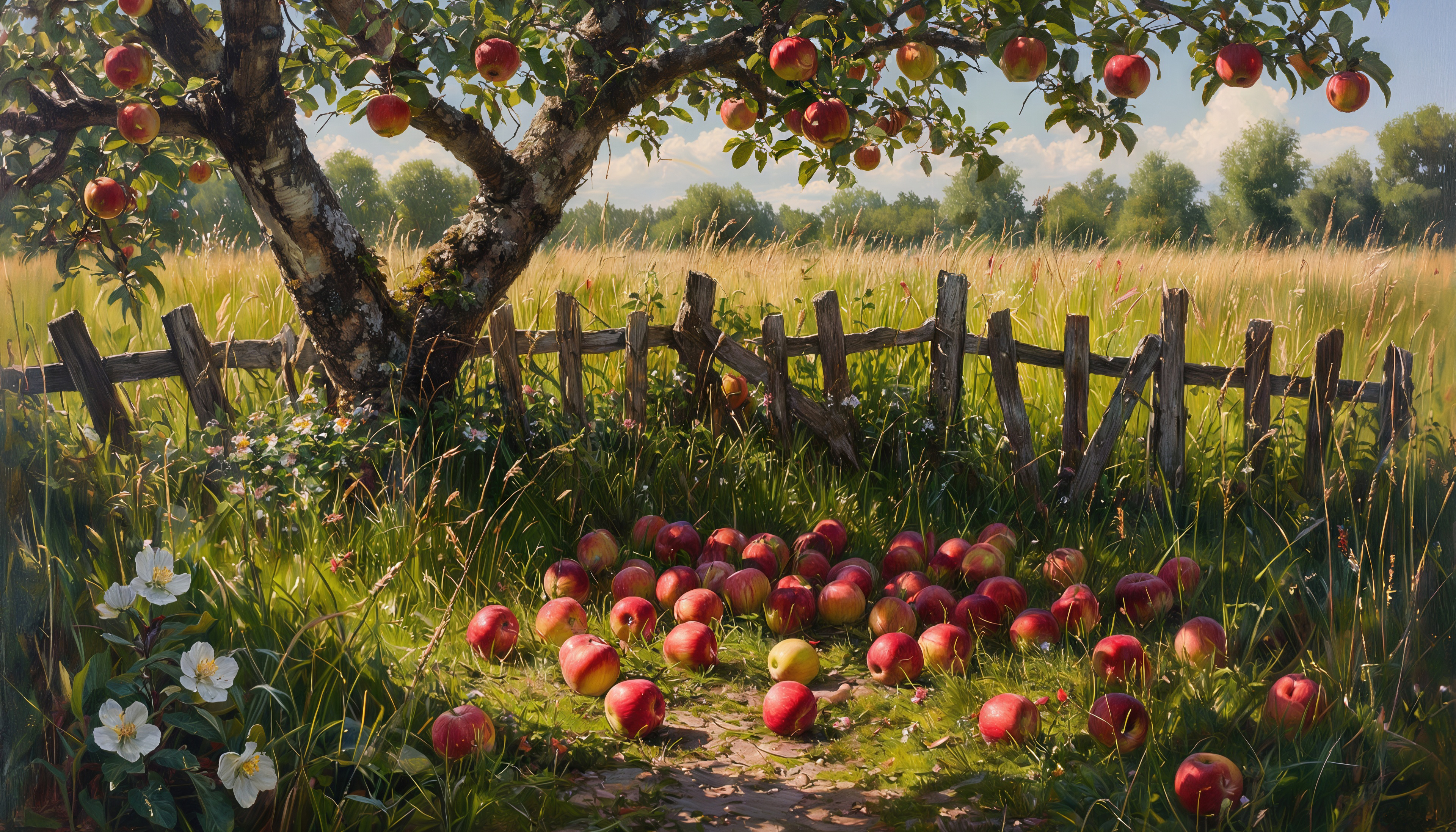 Бесплатное фото Яблоня у деревенского забора, усыпанная спелыми плодами.