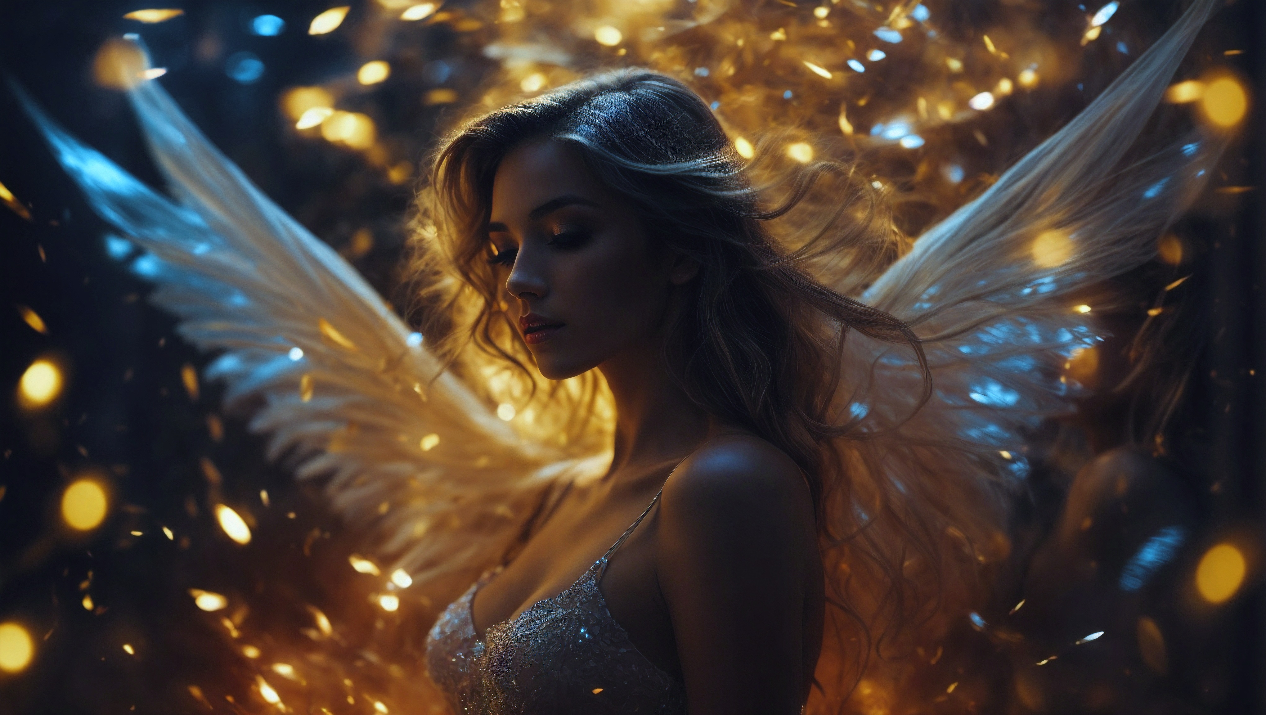 Free photo An angel standing against a gold background with glowing lights