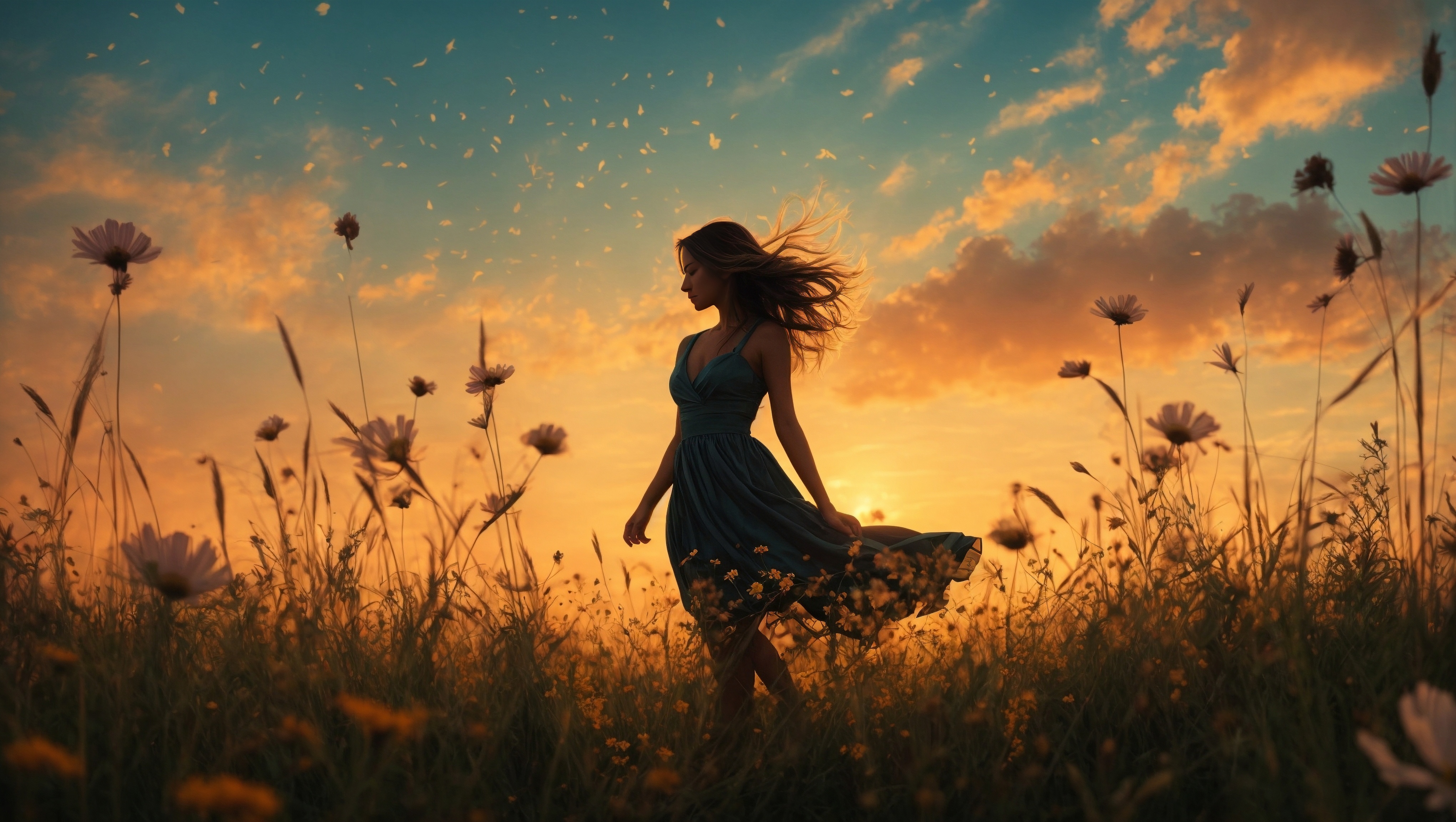 一个女孩在夕阳下的田野里散步