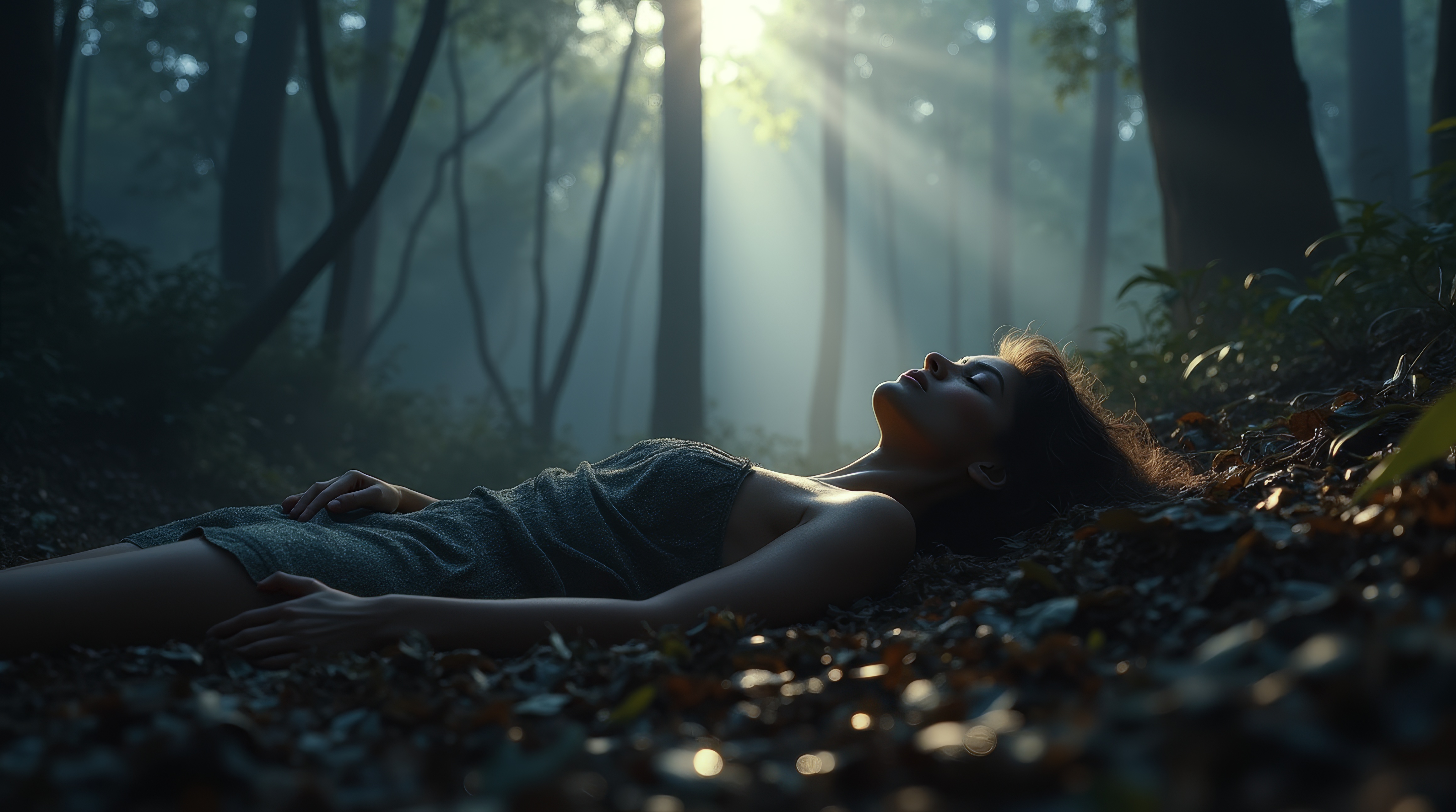 Женщина лежит в лесу.