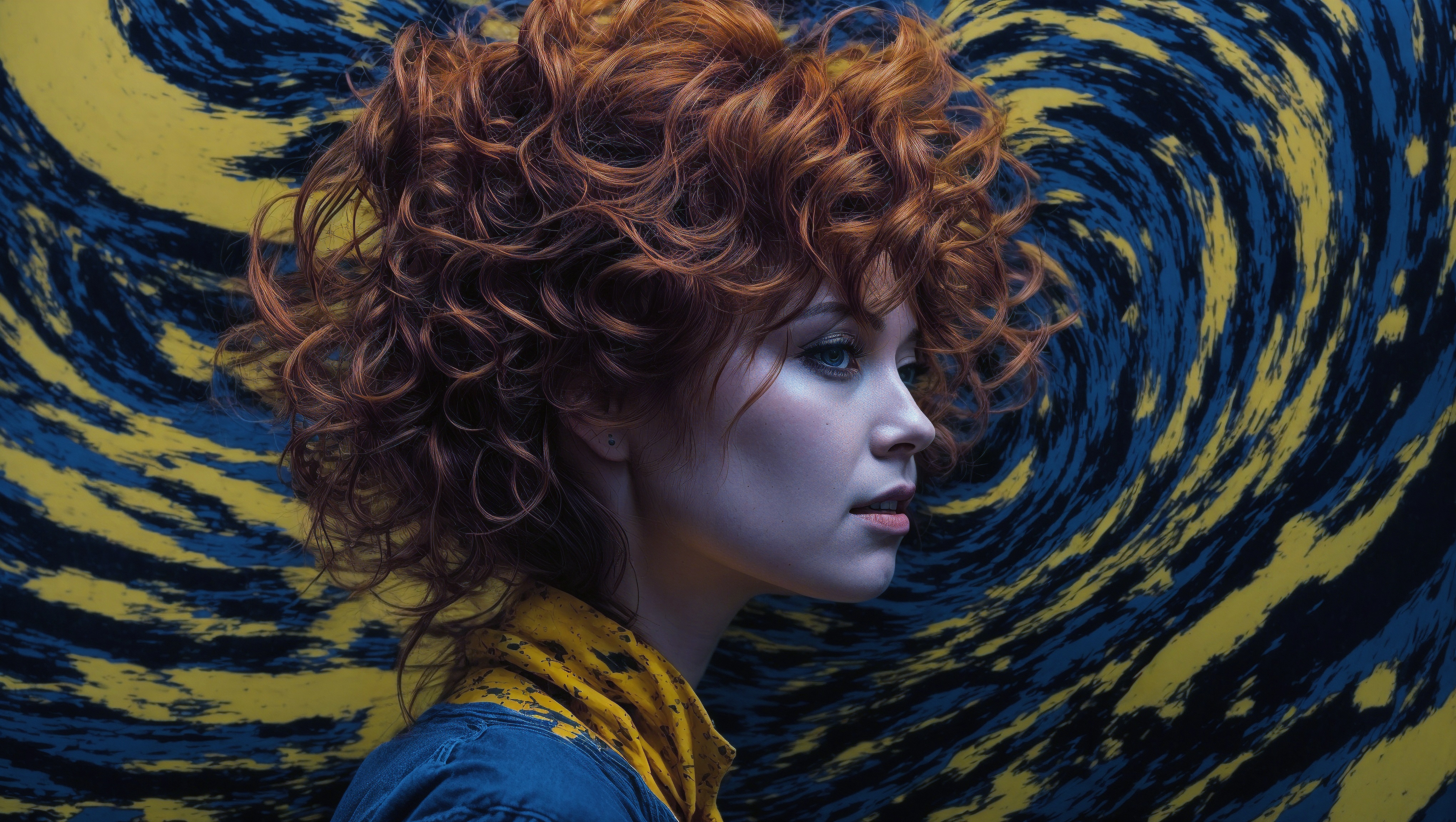 免费照片站在黄色和蓝色漩涡前的鲜红卷发女子