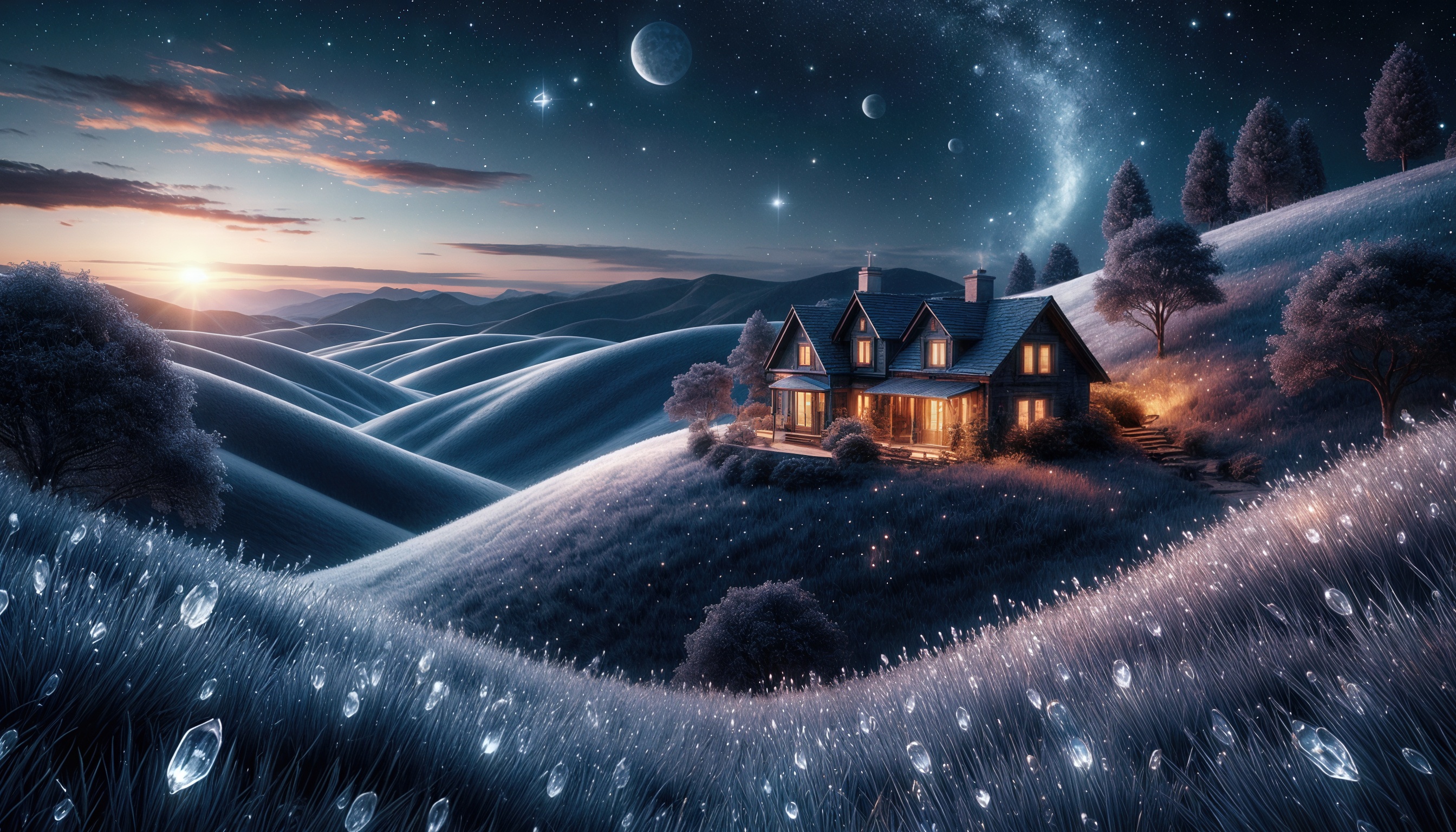 Бесплатное фото Дом, расположенный на холме среди травы с кристаллами, на фоне звезд и лун на ночном небе.