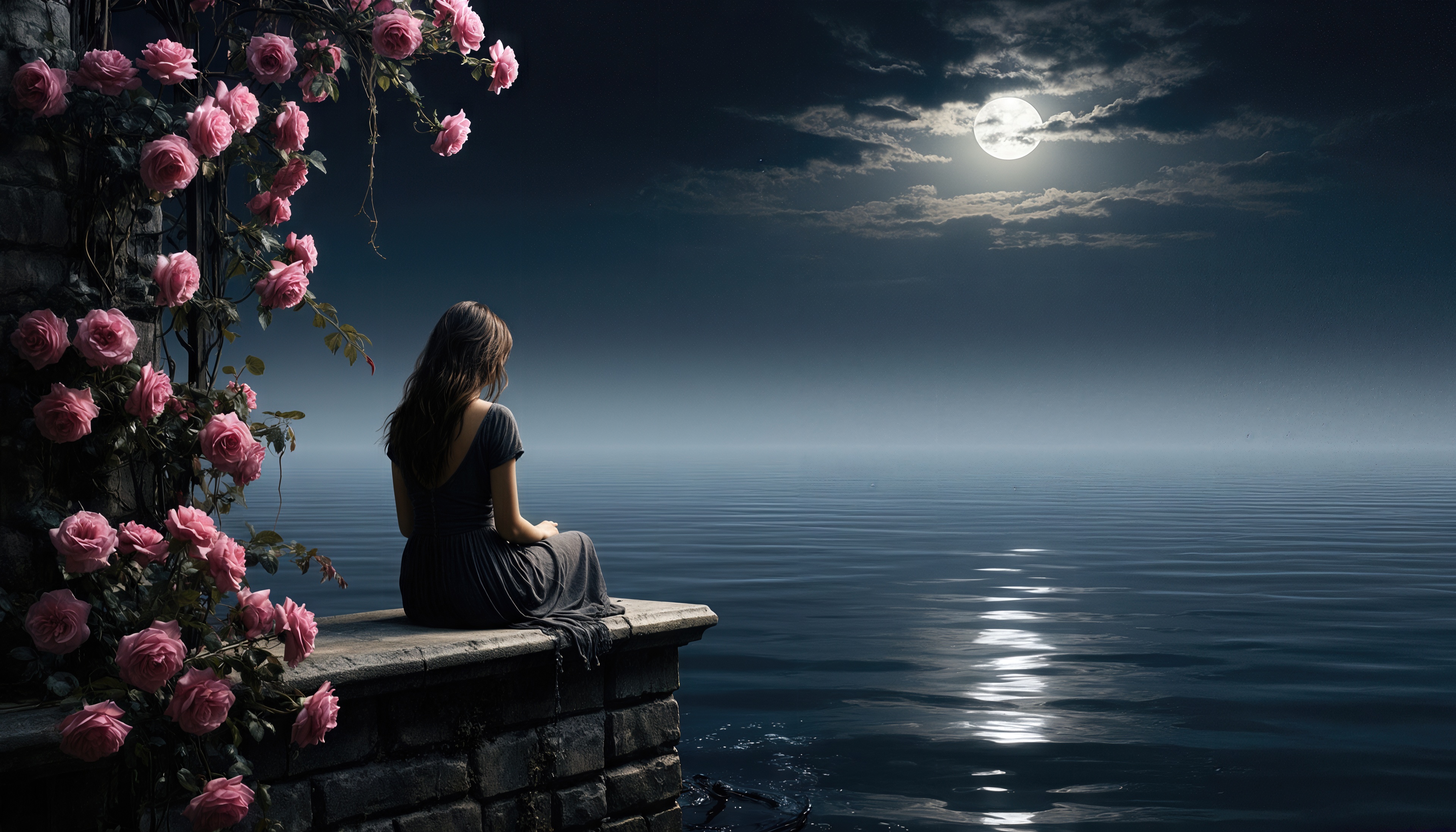 桌面上的壁纸晚上 月亮 海