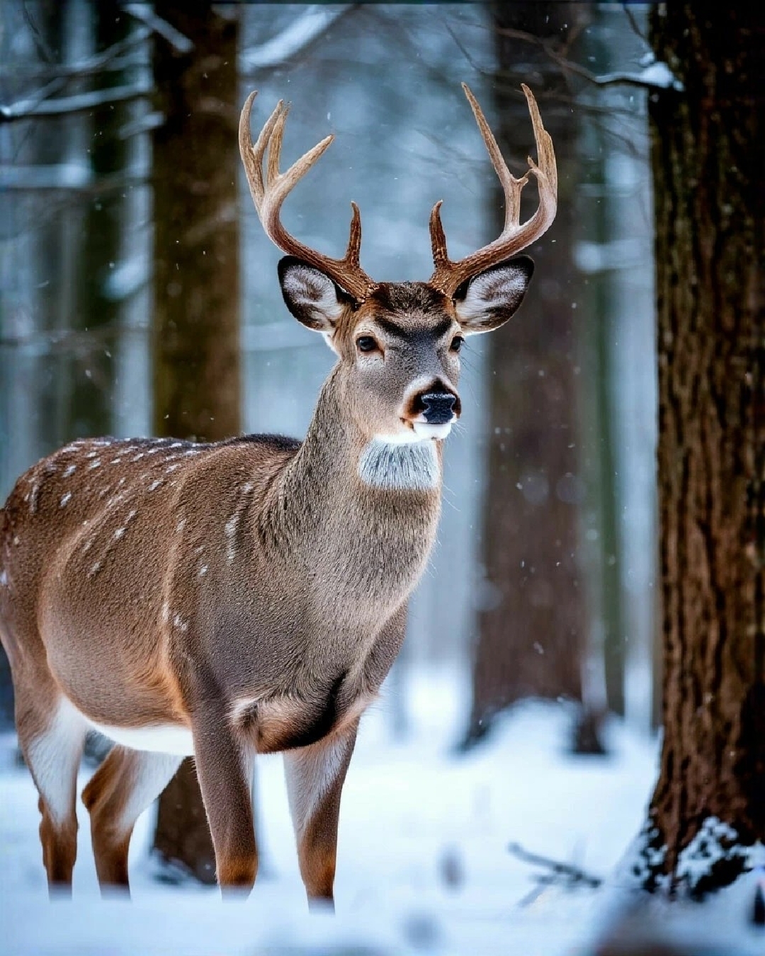 白雪复盖的树木之间的鹿