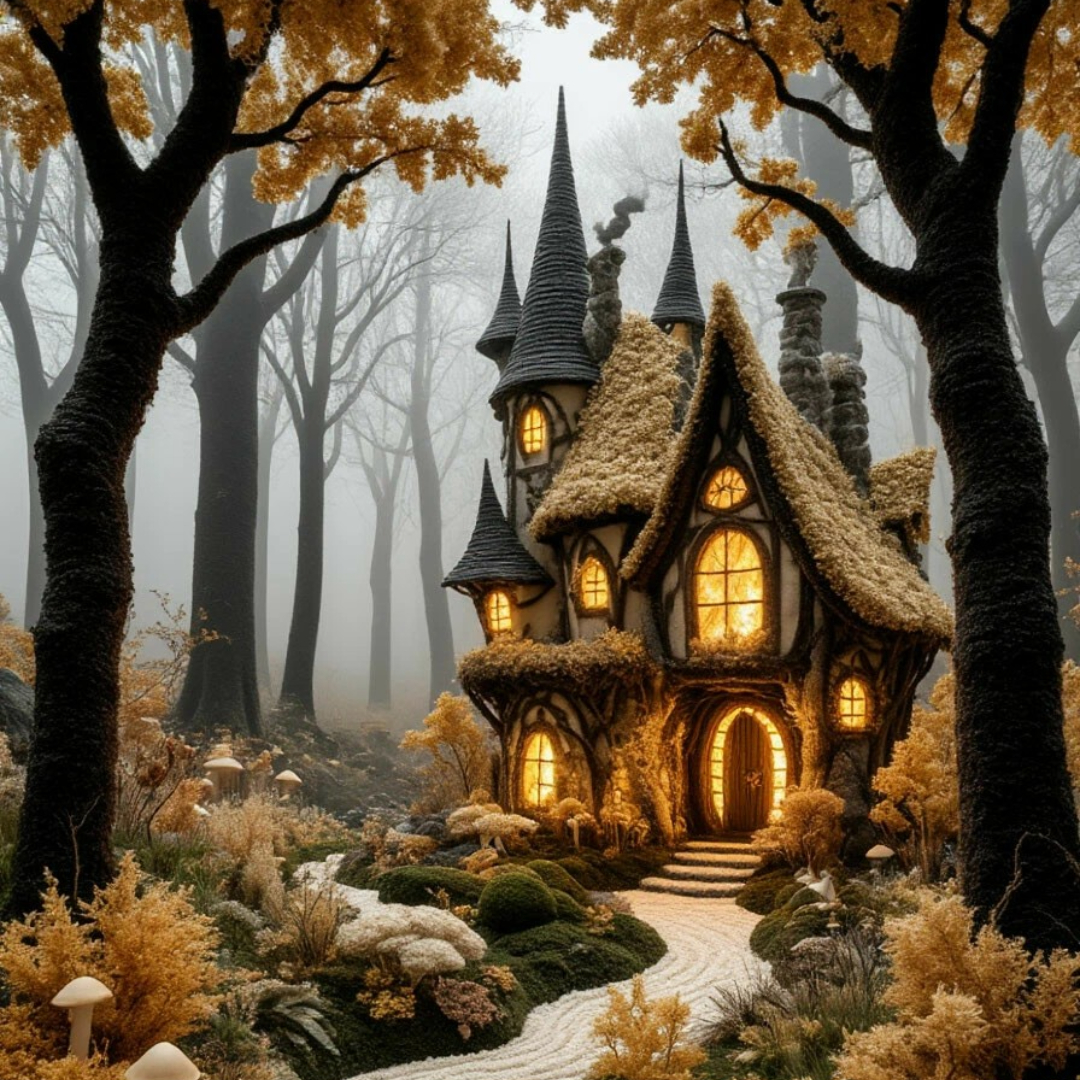 Бесплатное фото Сказочный домик в туманном лесу