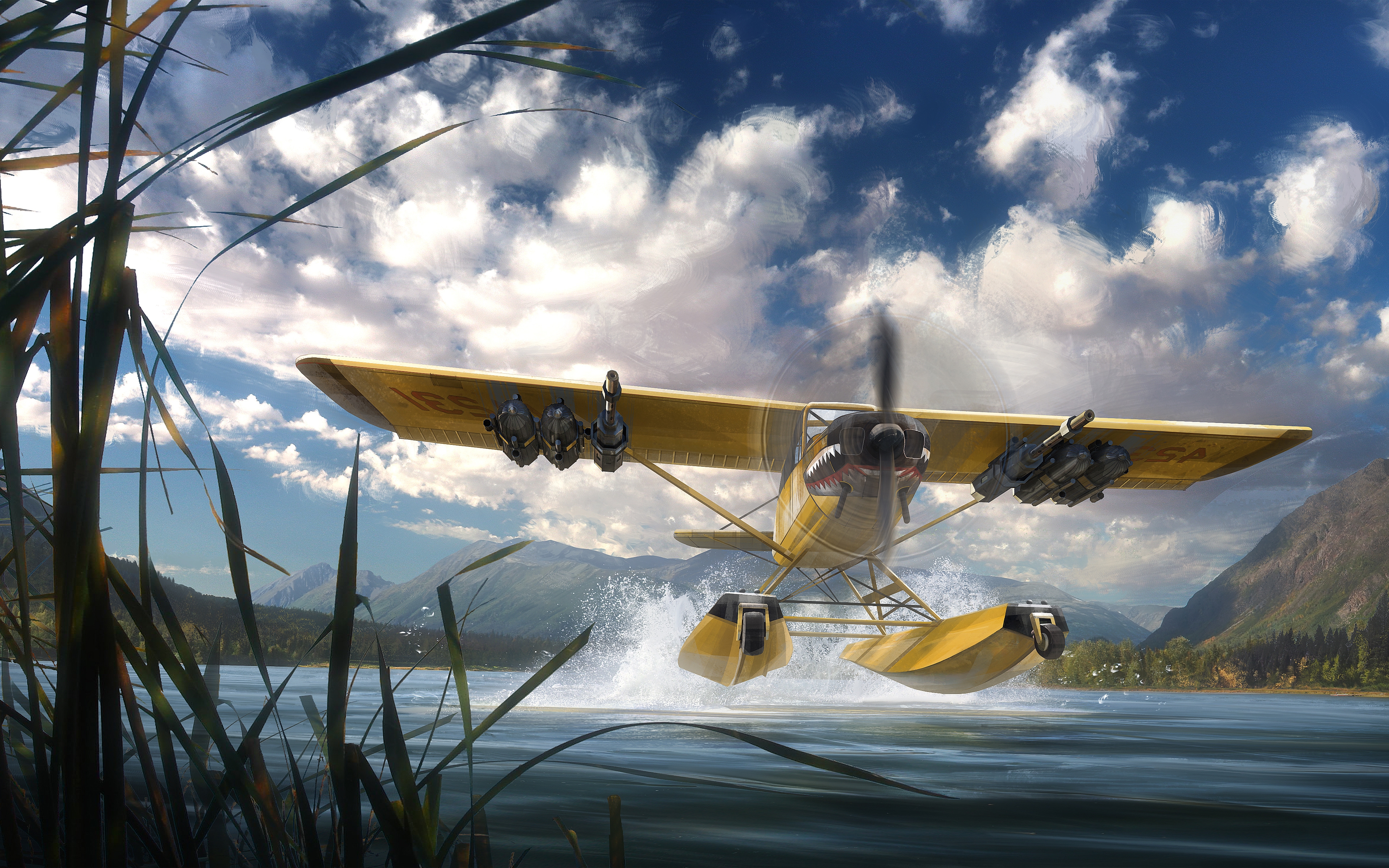 Free photo The yellow airplane from far cry 5 lands on the water