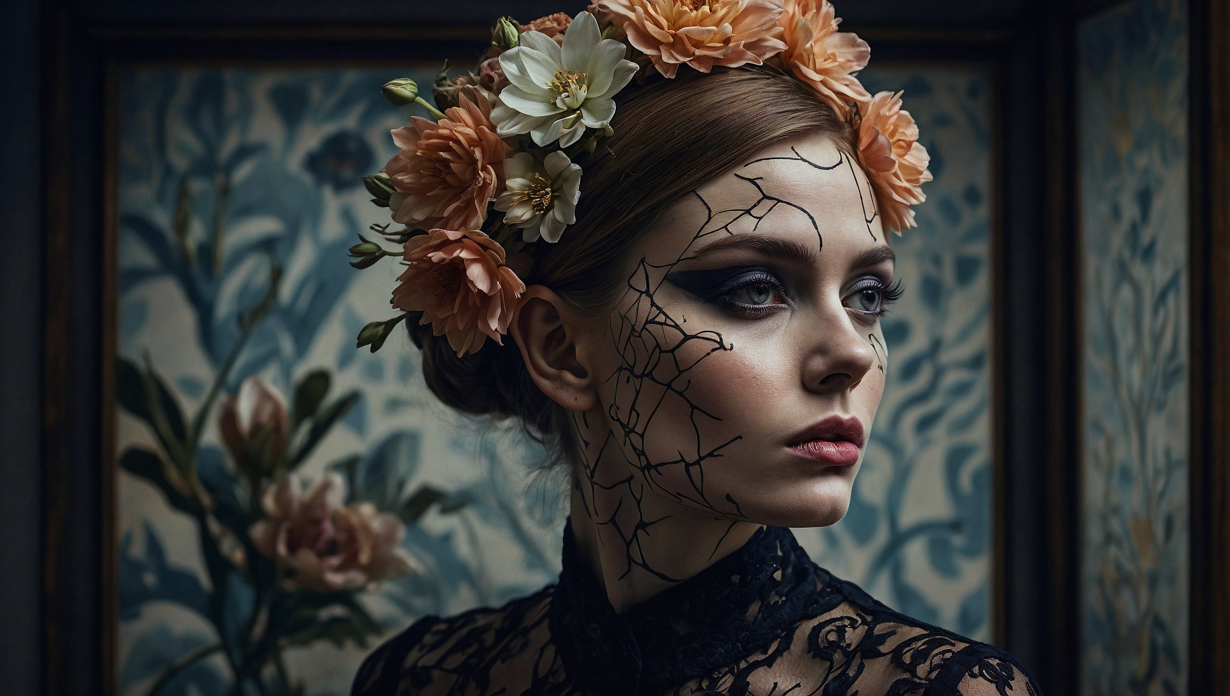 Free photo Woman in black dress with roses in her hair