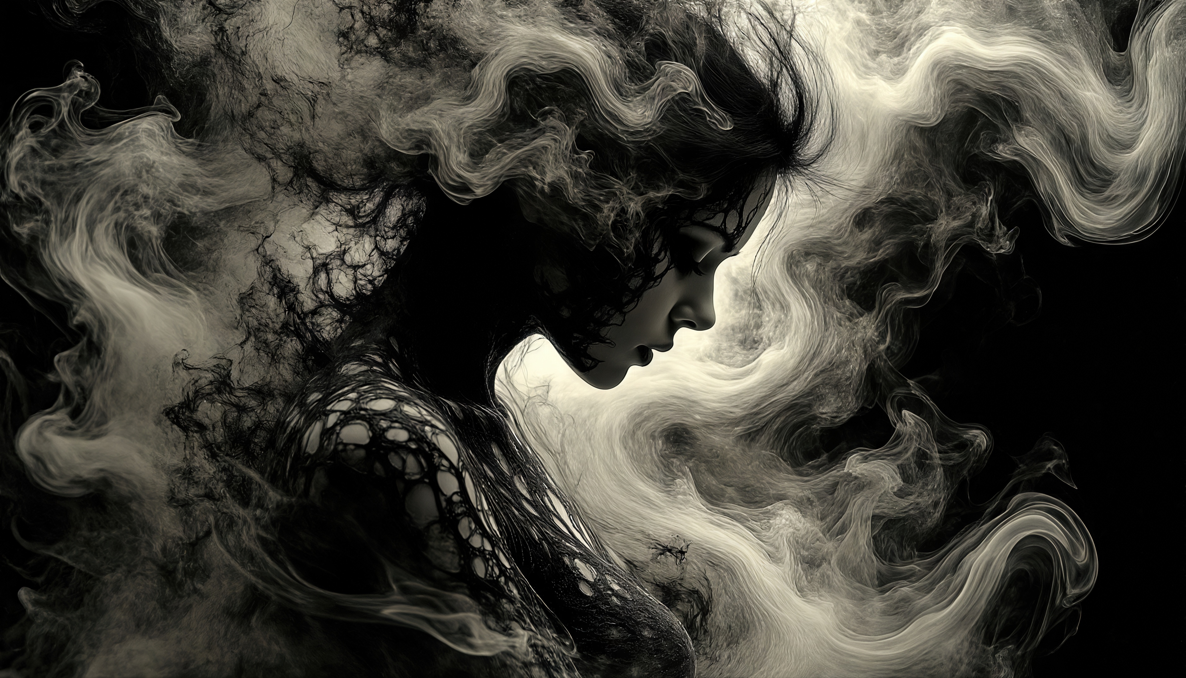 Бесплатное фото Мистический и чувственный портрет женщины, выполненный в черно-белых тонах с использованием дыма.