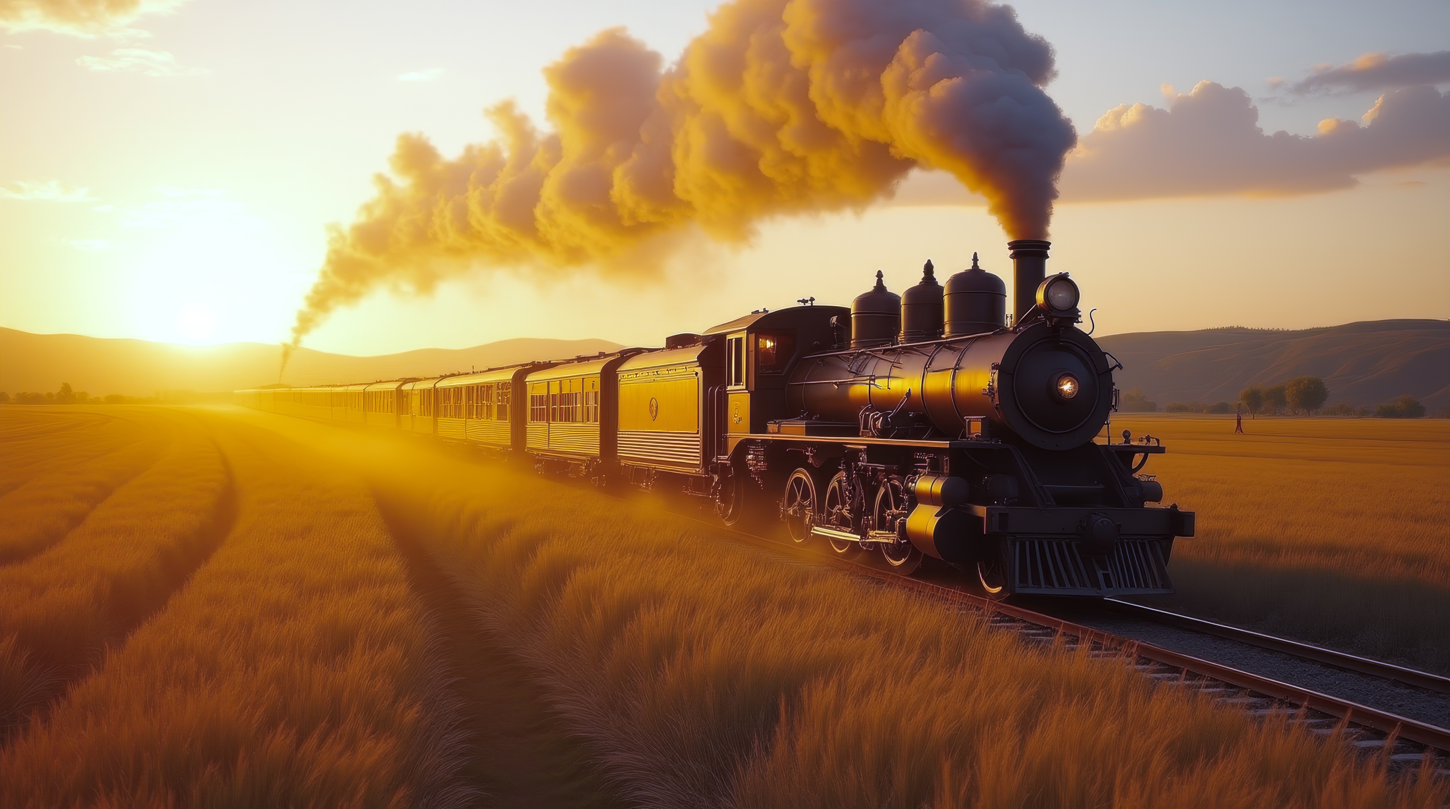 Паровозик едет по железнодорожным путям во время заката