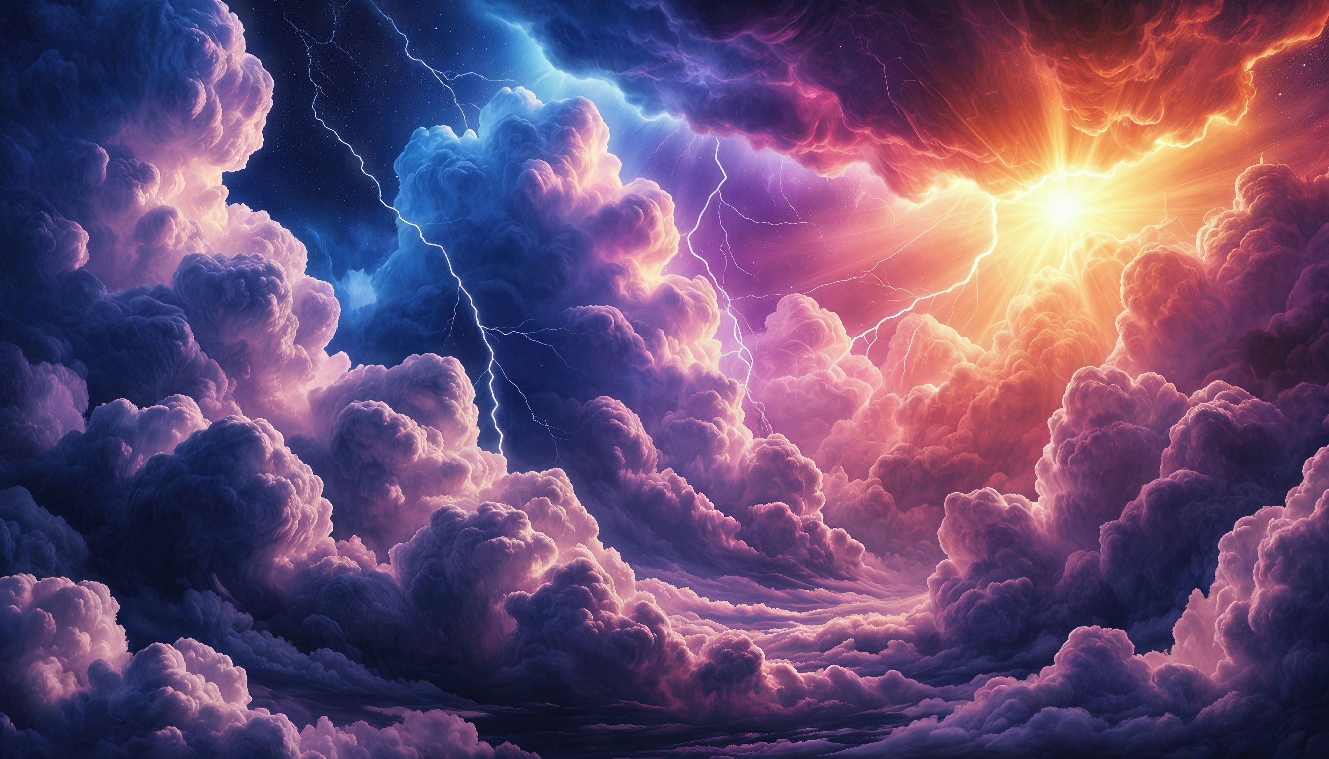 Грозовые облака в сиянии молний и солнечного света.