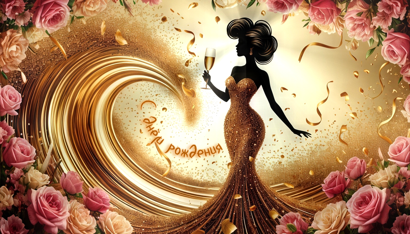 Бесплатная открытка С днём рождения! Пусть этот день будет наполнен радостью и счастьем, как брызги шампанского и цветы!