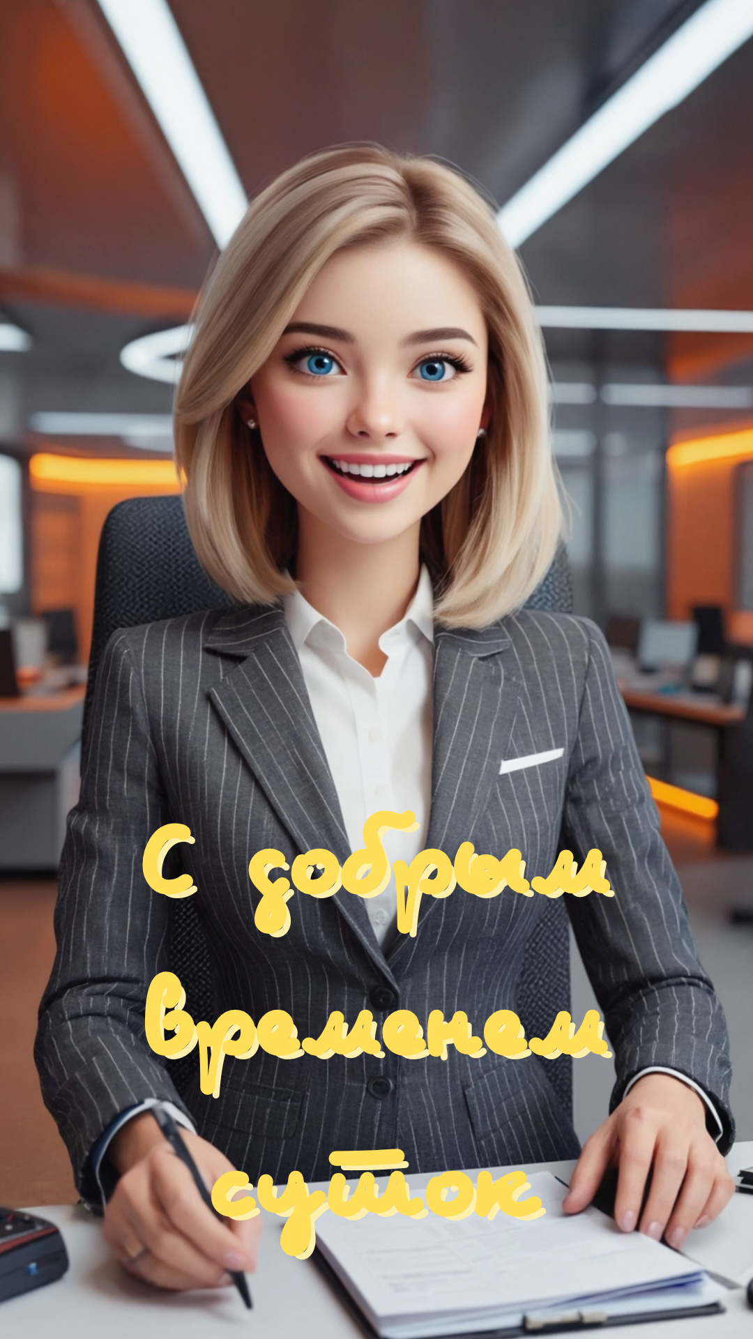 Бесплатная открытка Молодая, улыбающаяся,  женщина  за компьютером в офисе