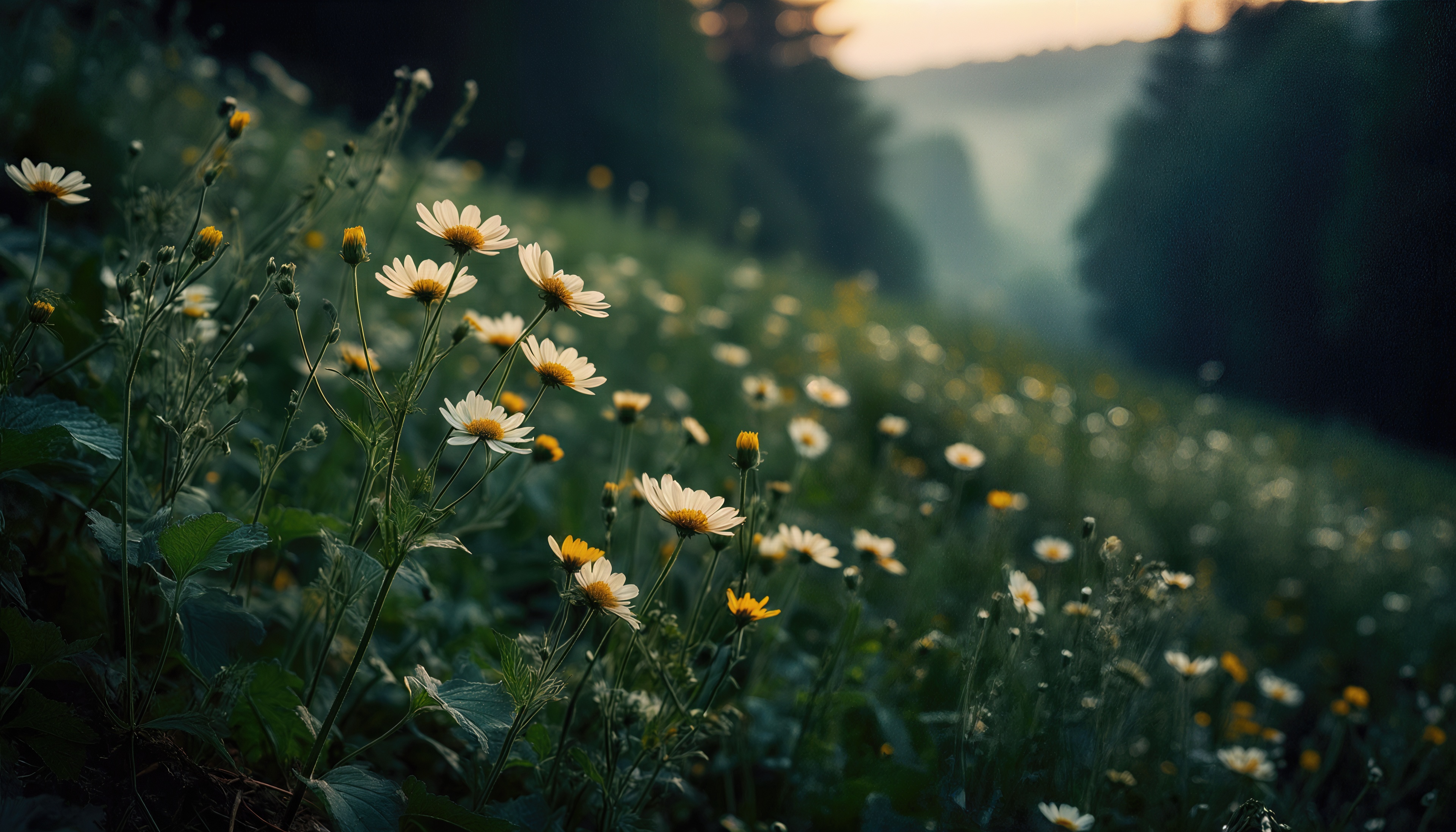 Белые ромашки с жёлтыми сердцевинами в лучах заката.