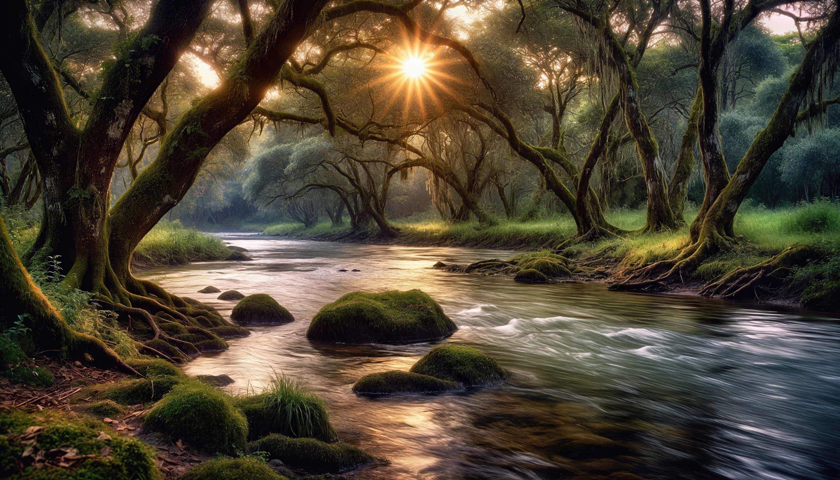 Бесплатное фото Солнечные лучи пробиваются сквозь ветви, озаряя лесной ручей и покрытые мхом камни.