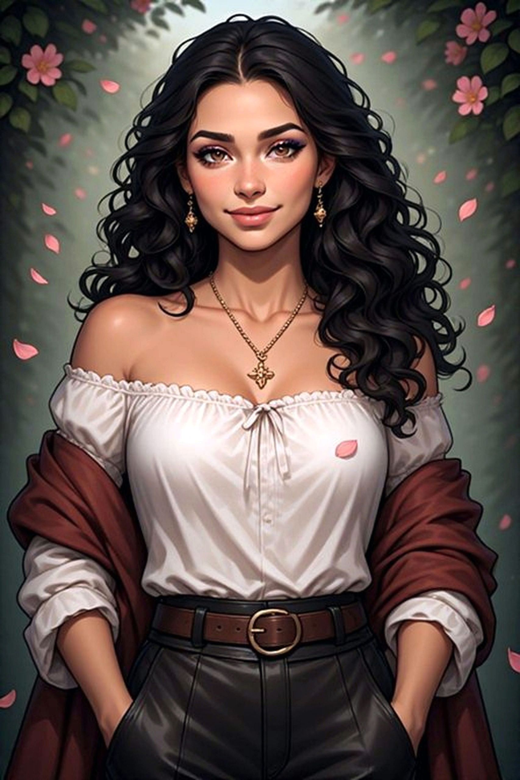 免费照片一个黑发卷发在花园里。