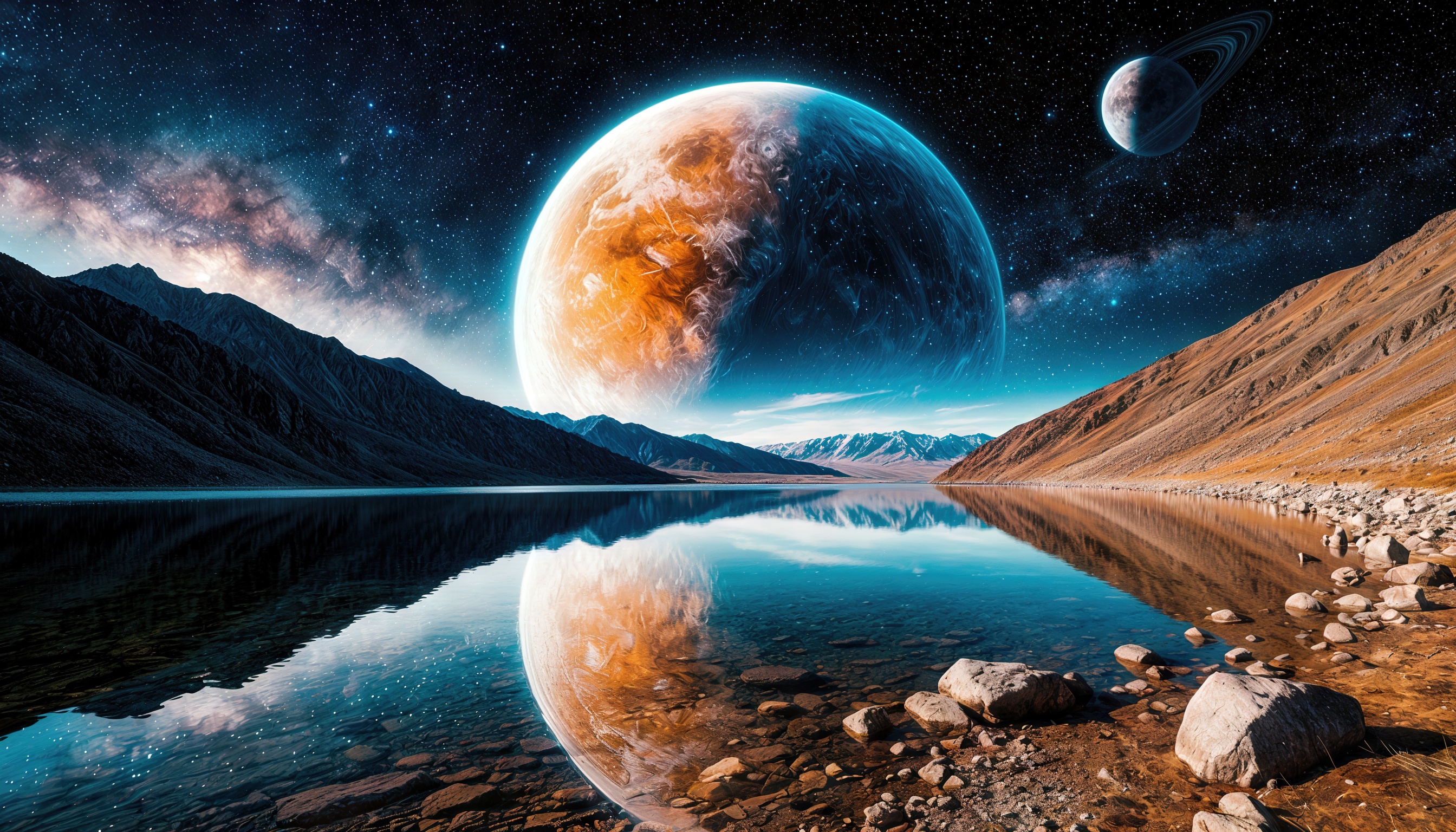 Бесплатное фото Фантастический пейзаж неизвестной планеты с горами и озером на фоне космоса и планет.