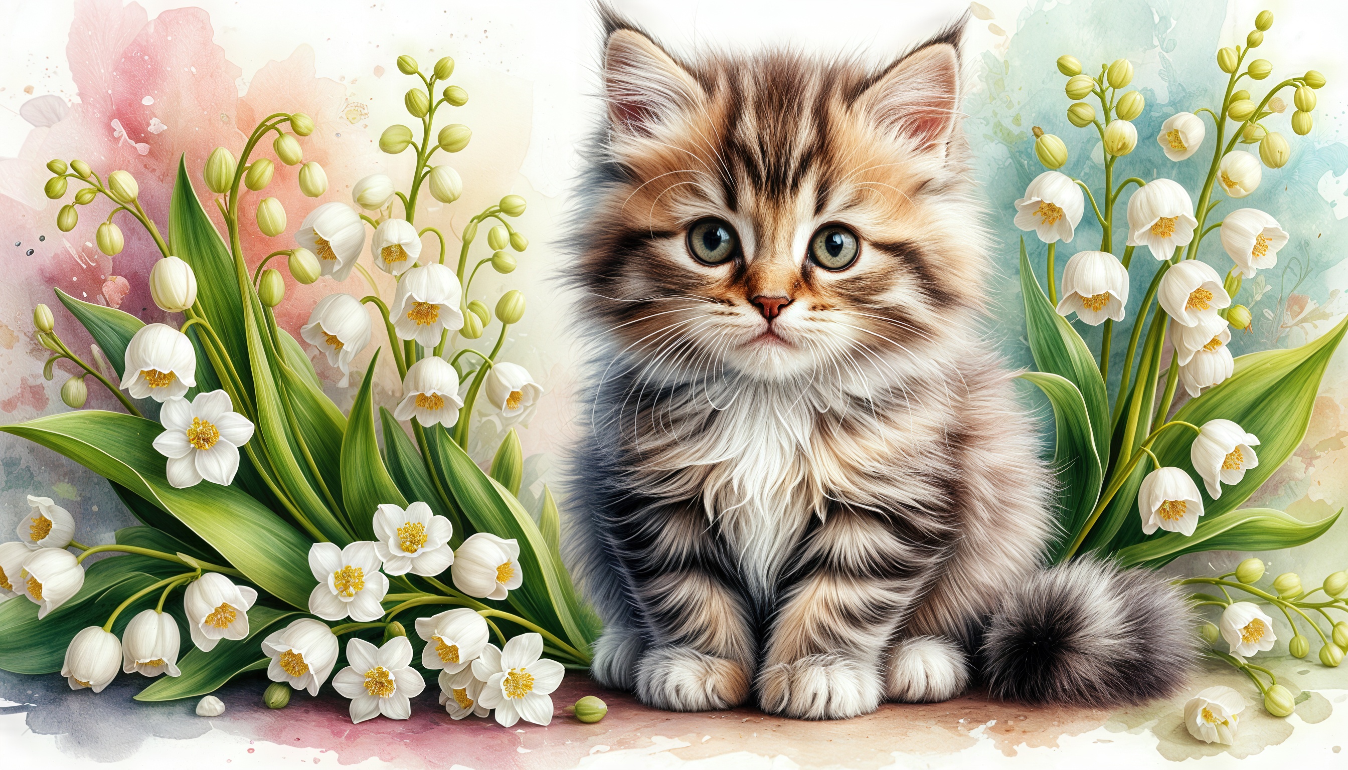 Бесплатное фото Котенок среди подснежников, акварель.