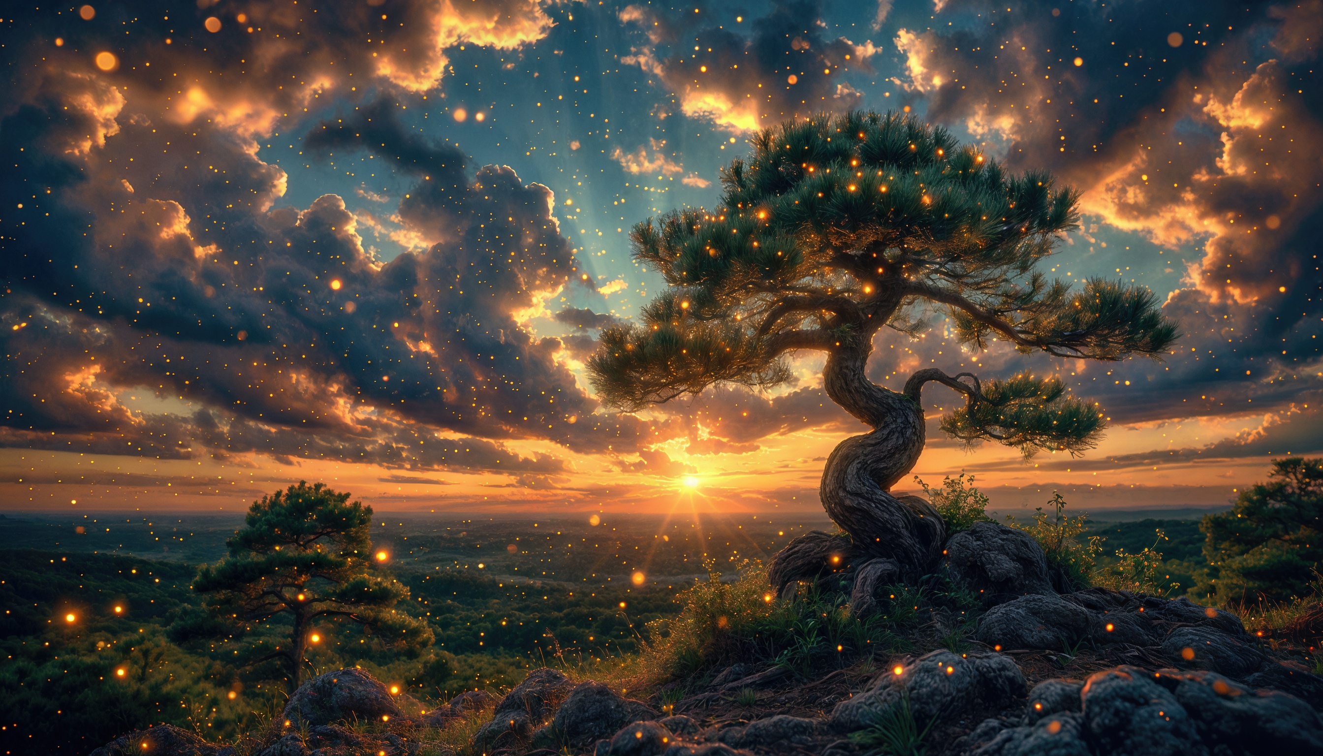 Бесплатное фото Сказочный закат над лесом, сосна венчает скалистый выступ.